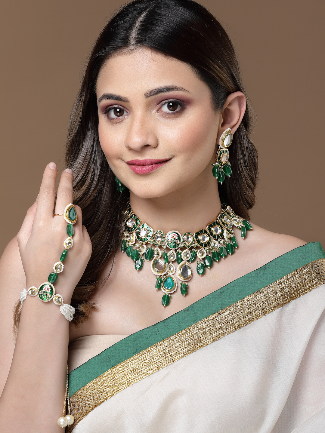 Poshak Necklace with Earrings Jewellery Set | Kundan, Pearls, Natural Stones, Faux Emerald