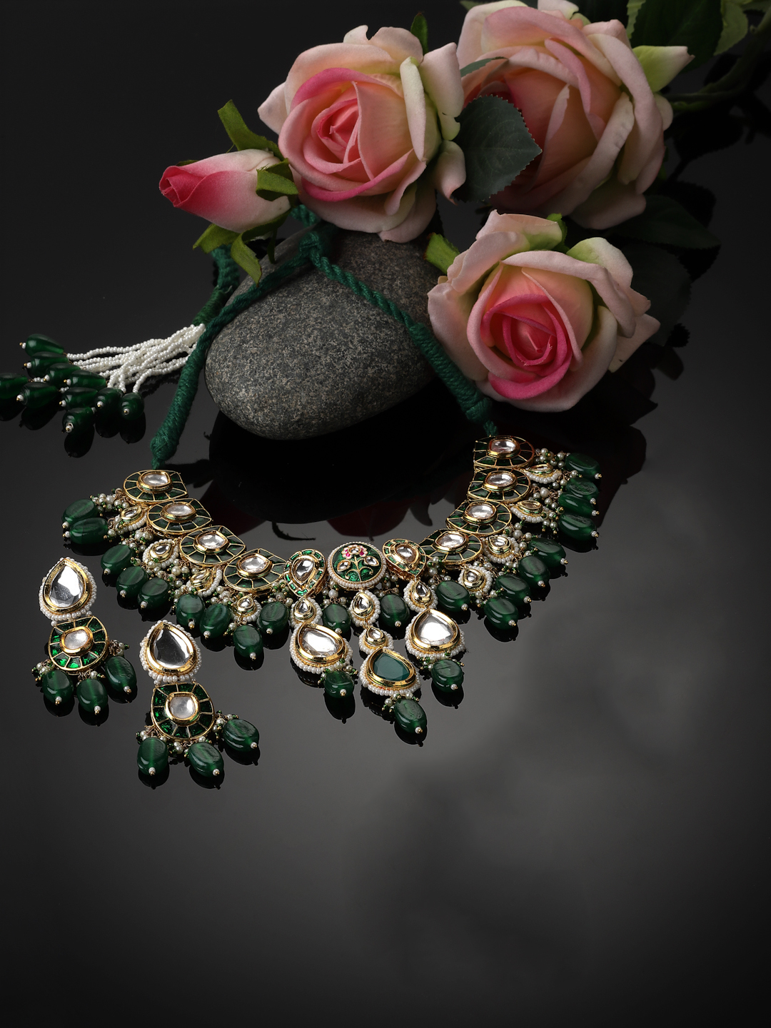 Poshak Necklace with Earrings Jewellery Set | Kundan, Pearls, Natural Stones, Faux Emerald thumbnail 6
