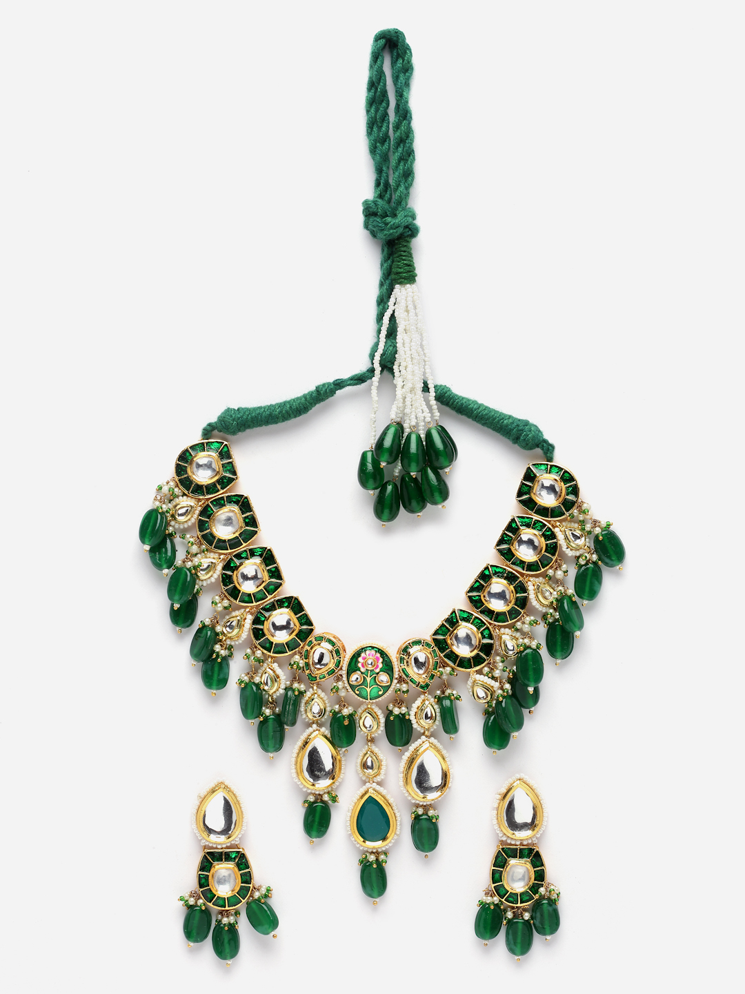 Poshak Necklace with Earrings Jewellery Set | Kundan, Pearls, Natural Stones, Faux Emerald - alternate view