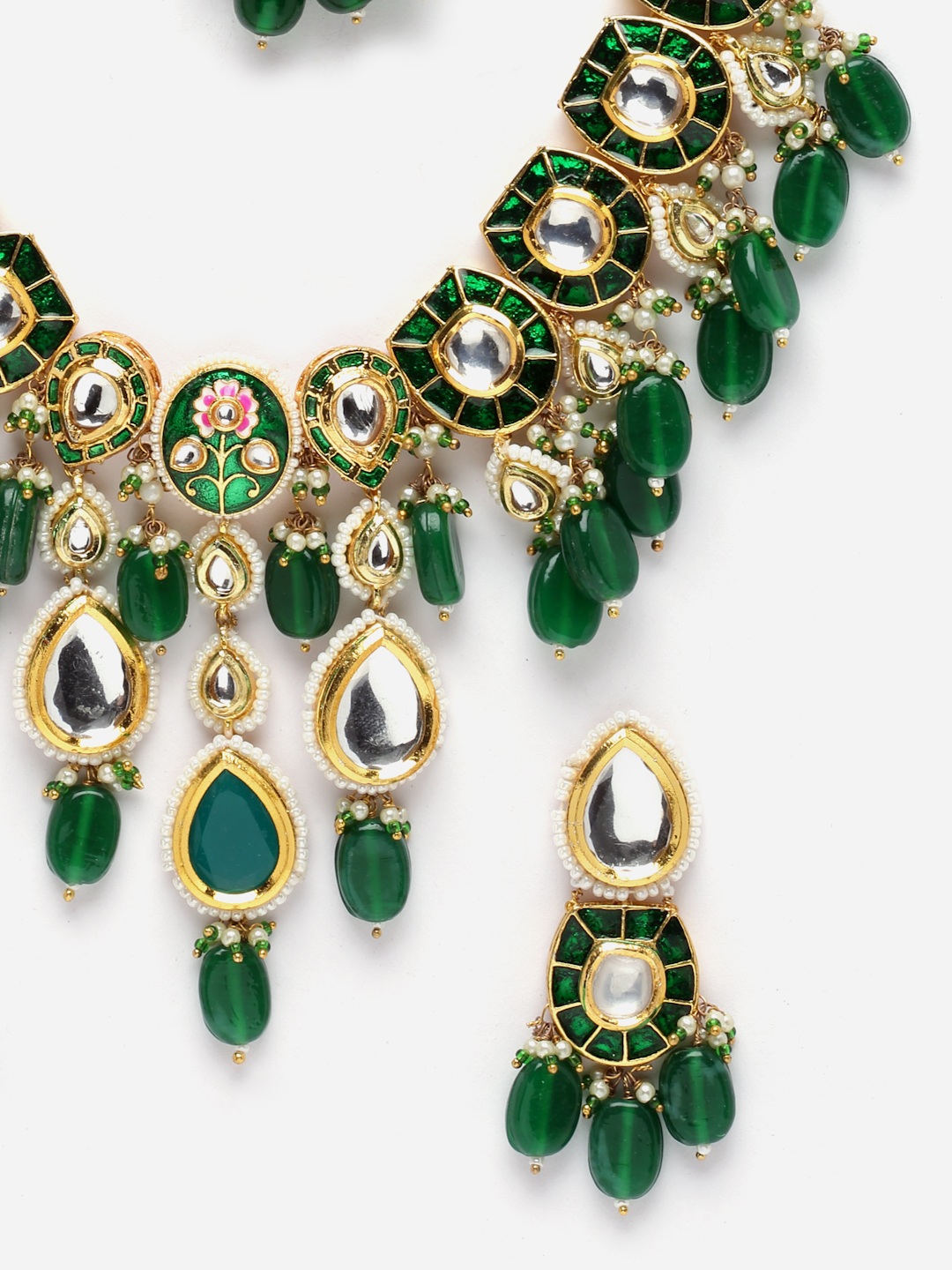 Poshak Necklace with Earrings Jewellery Set | Kundan, Pearls, Natural Stones, Faux Emerald thumbnail 5