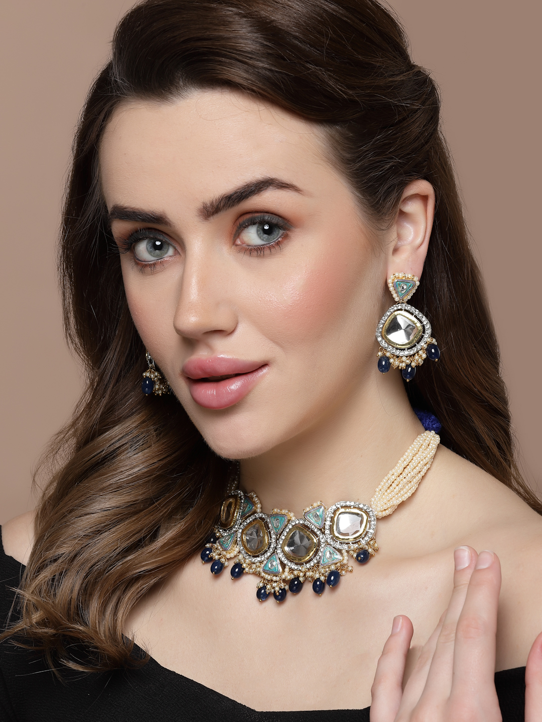 Aasmaan Necklace with Earrings Jewellery Set | Kundan, American Diamonds, Pearls, Natural Stones