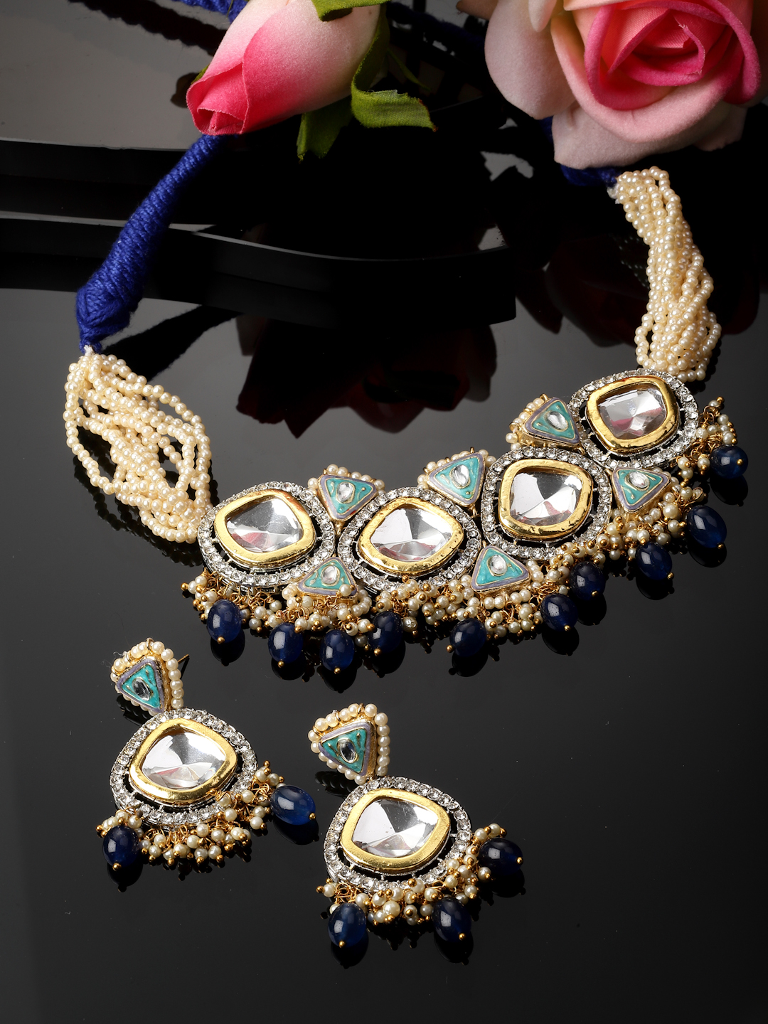 Aasmaan Necklace with Earrings Jewellery Set | Kundan, American Diamonds, Pearls, Natural Stones thumbnail 2
