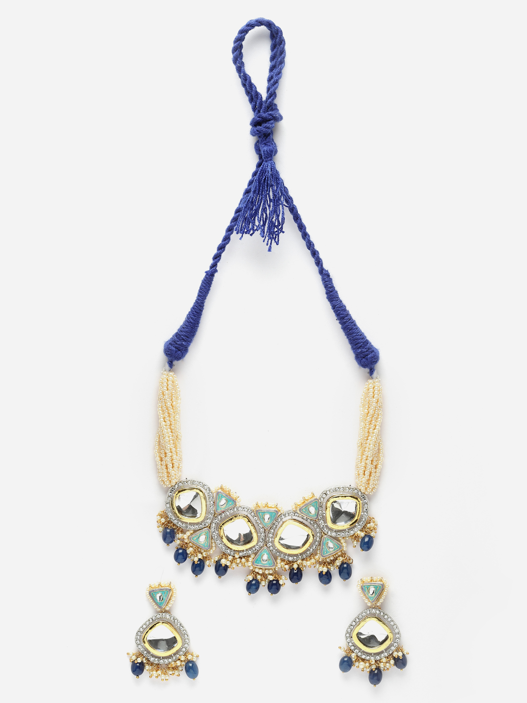 Aasmaan Necklace with Earrings Jewellery Set | Kundan, American Diamonds, Pearls, Natural Stones thumbnail 4