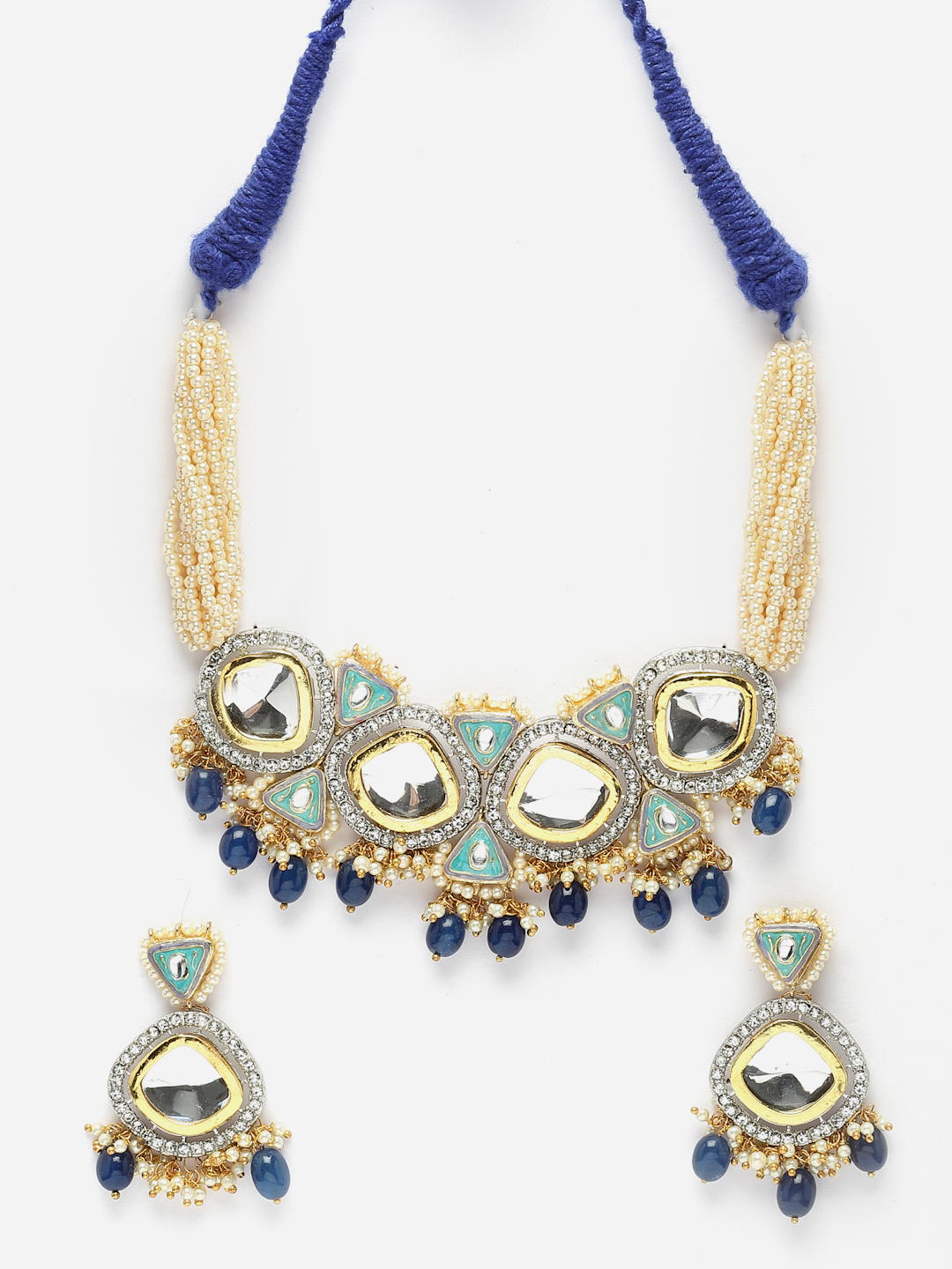 Aasmaan Necklace with Earrings Jewellery Set | Kundan, American Diamonds, Pearls, Natural Stones thumbnail 5