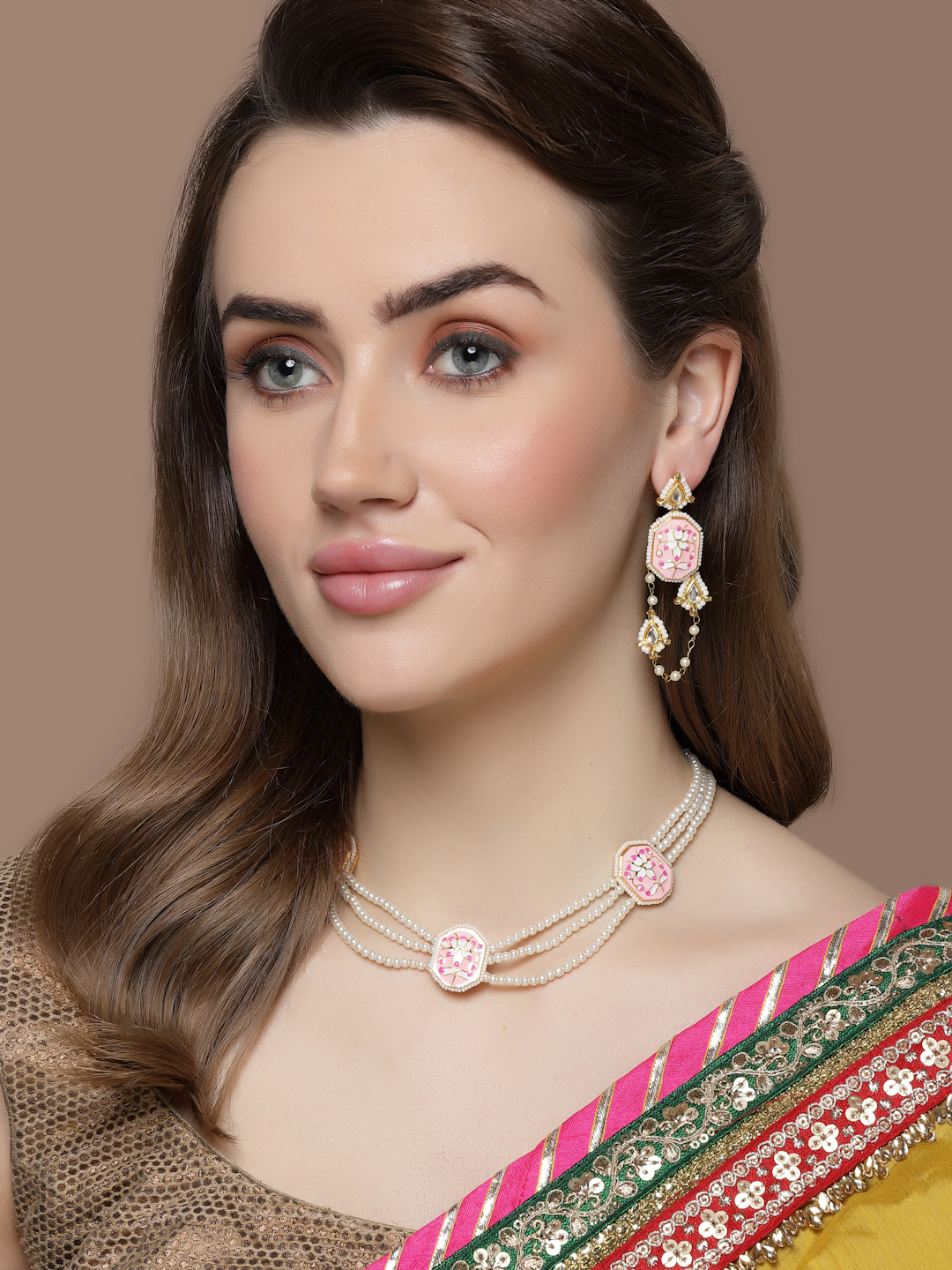 Sweet Necklace with Earrings Jewellery Set | Kundan, Pearls, Natural Stones - alternate view