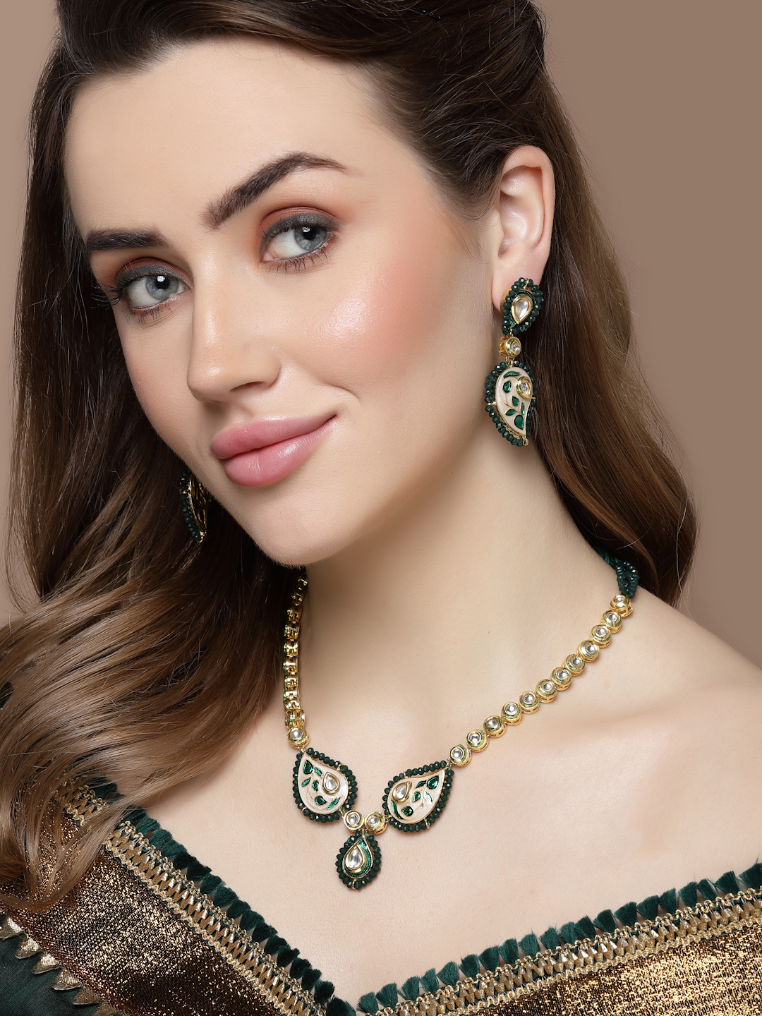 Ambi Meenakari Necklace with Earring Jewellery Set | Kundan, Pearls, Natural Stones, Faux Emerald thumbnail 2