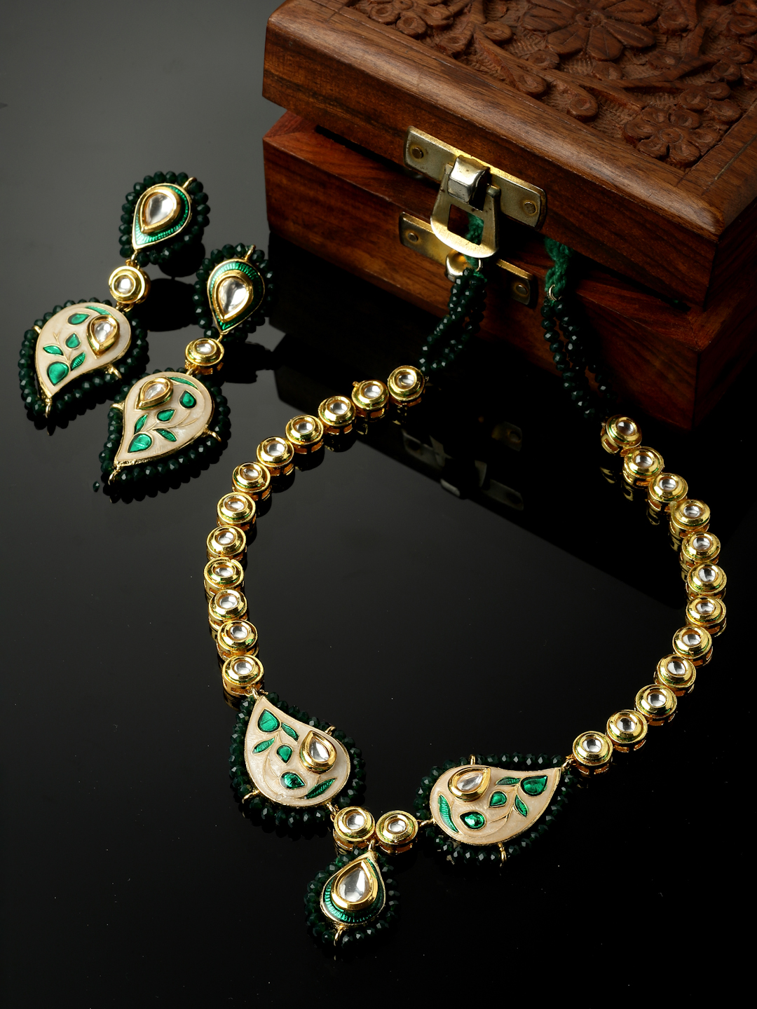 Ambi Meenakari Necklace with Earring Jewellery Set | Kundan, Pearls, Natural Stones, Faux Emerald