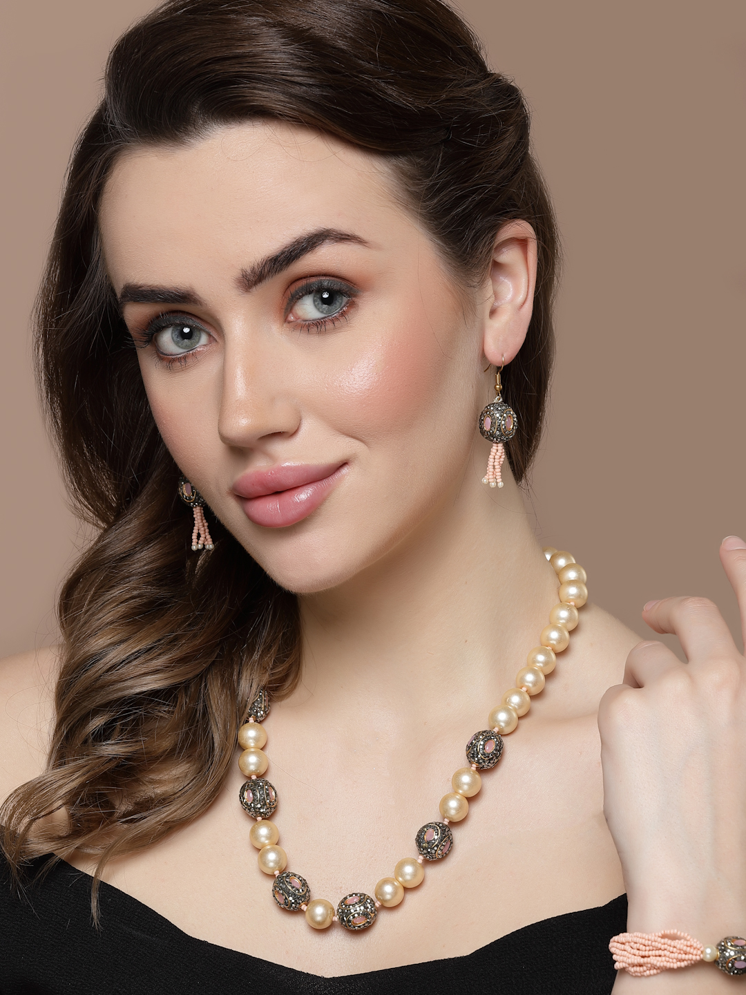 Candyfloss Pearls Necklace with Earrings Jewellery Set | American Diamonds, Pearls, Natural Stones thumbnail 2