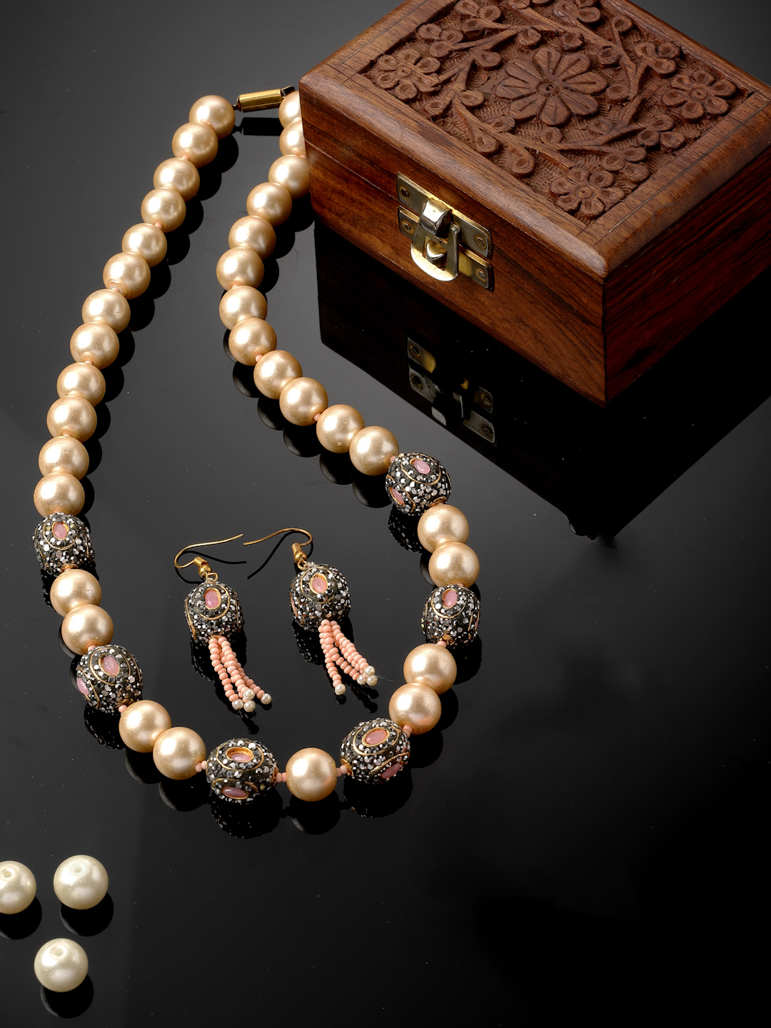 Candyfloss Pearls Necklace with Earrings Jewellery Set | American Diamonds, Pearls, Natural Stones