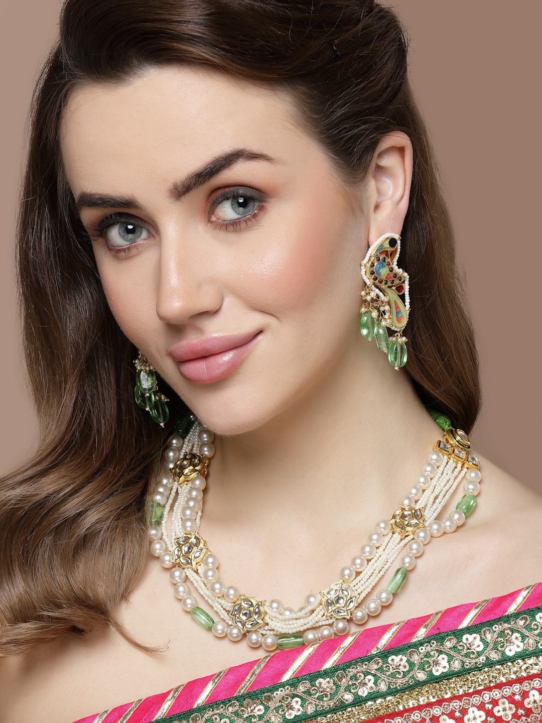 Eucalyptus String Necklace | Kundan, Pearls, Natural Stones, Faux Emerald