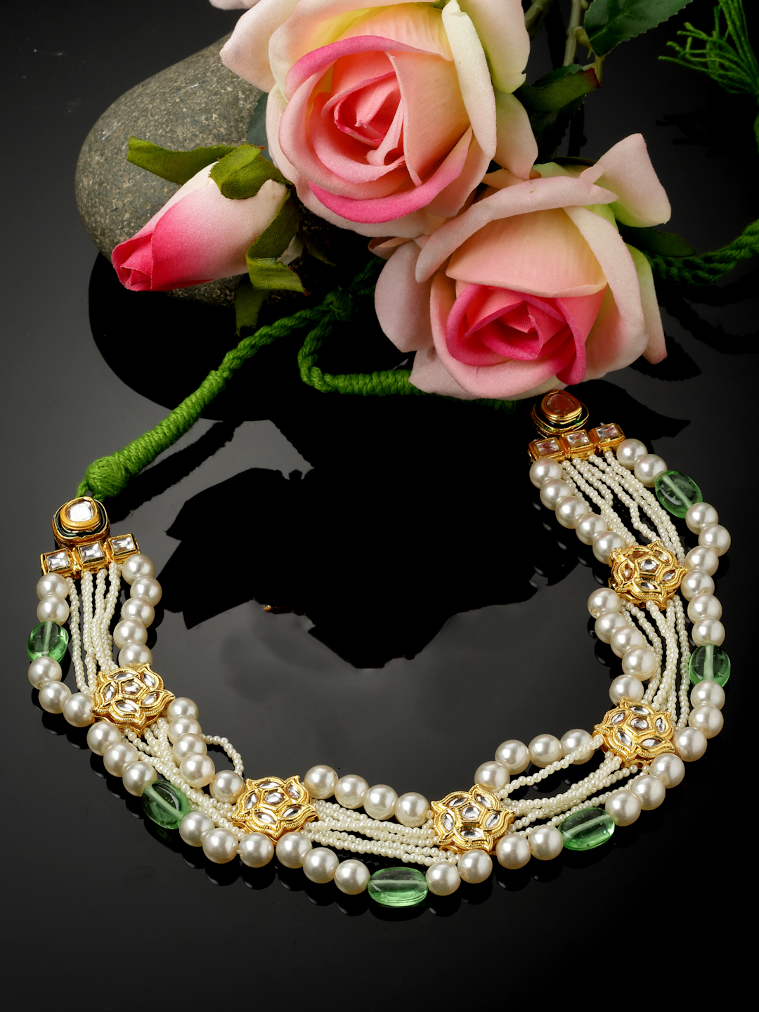 Eucalyptus String Necklace | Kundan, Pearls, Natural Stones, Faux Emerald thumbnail 2