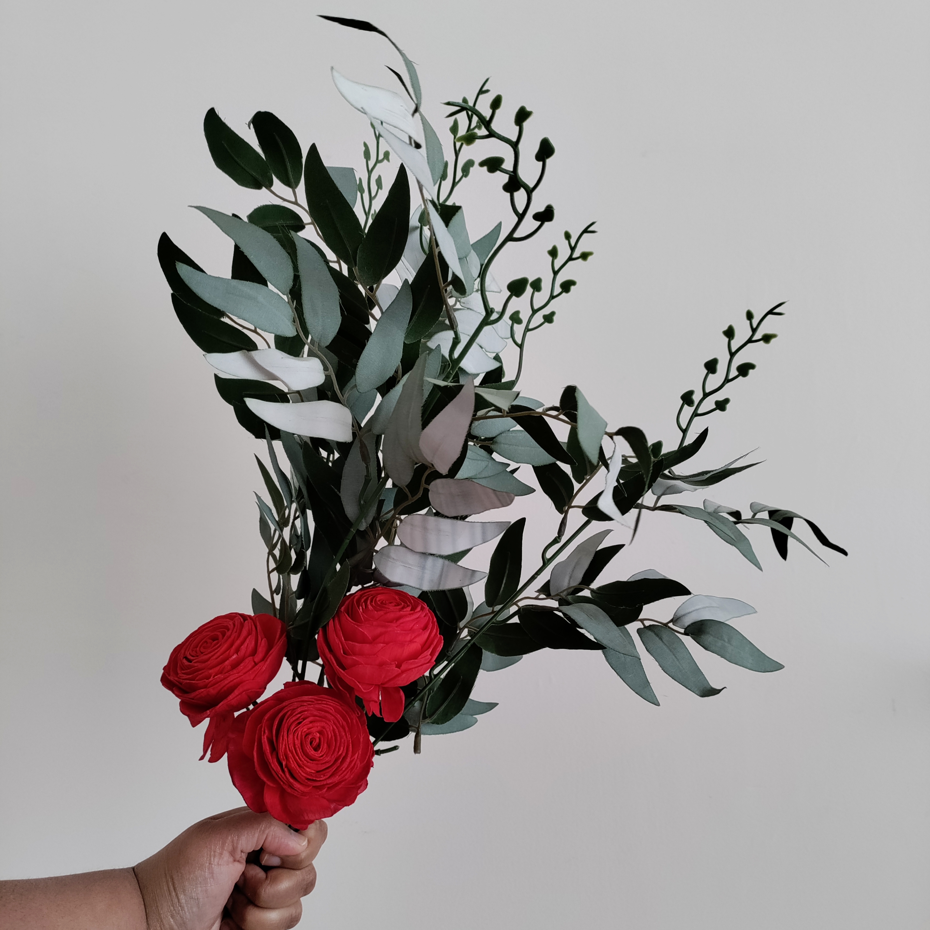 Engage Faux Flowers Bunch | Wire Stem included | Green Ruscus Leaves, 3 Flowers | Artificial Flowers