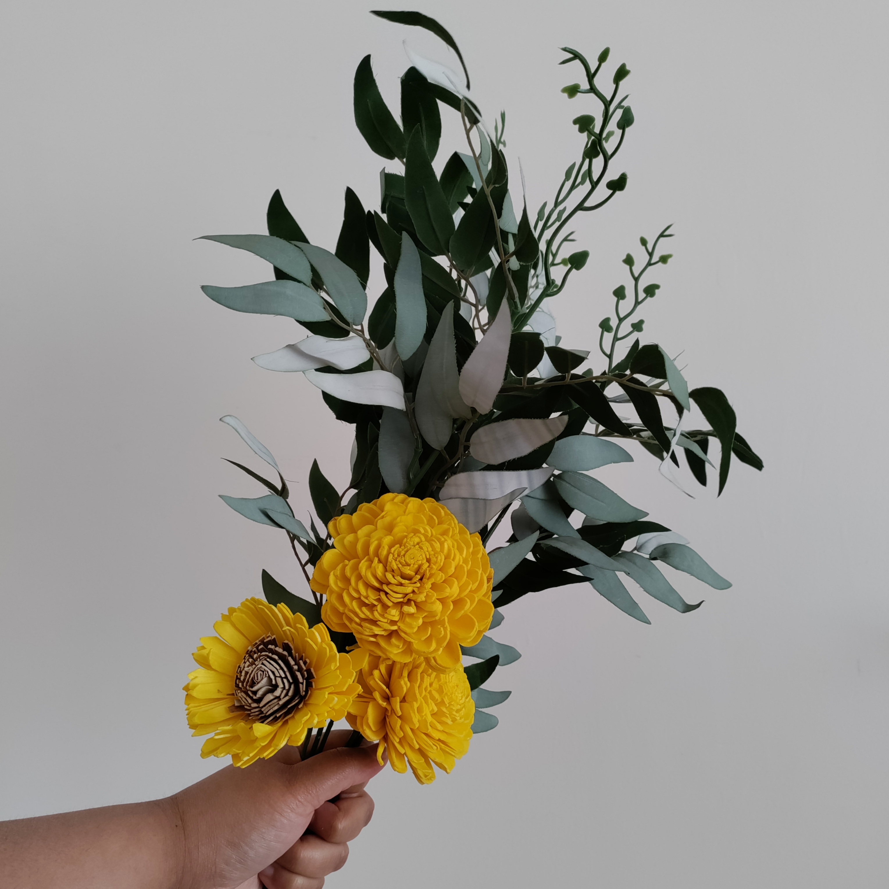 Golden Whisper Dried Flowers Bunch | Wire Stem Included | Green Ruscus Leaves, 3 Flowers | Artificial Flowers