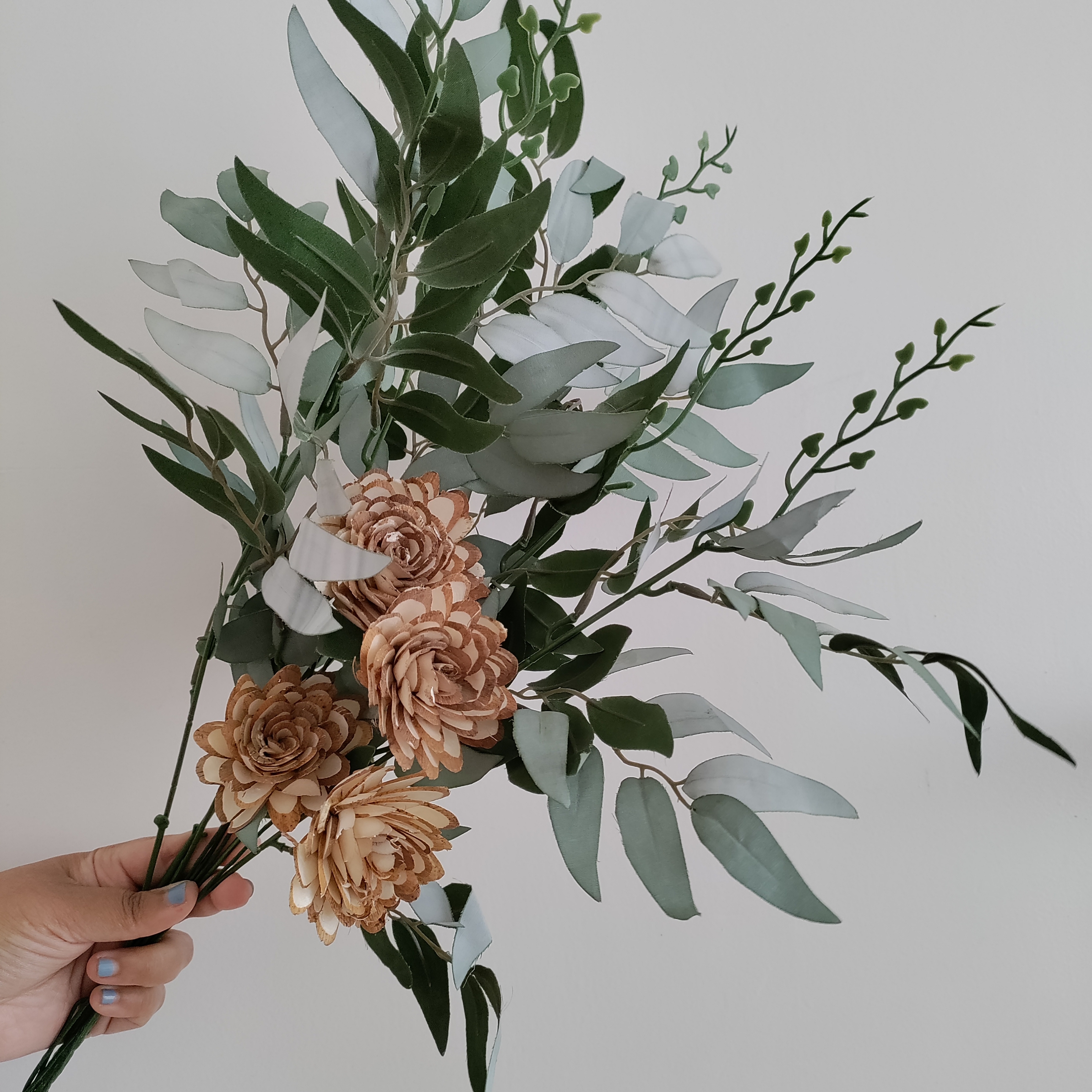 Green Almonda Dried Flowers Bunch | Wire Stem Included | Green Ruscus Leaves, 4 Flowers | Artificial Flowers