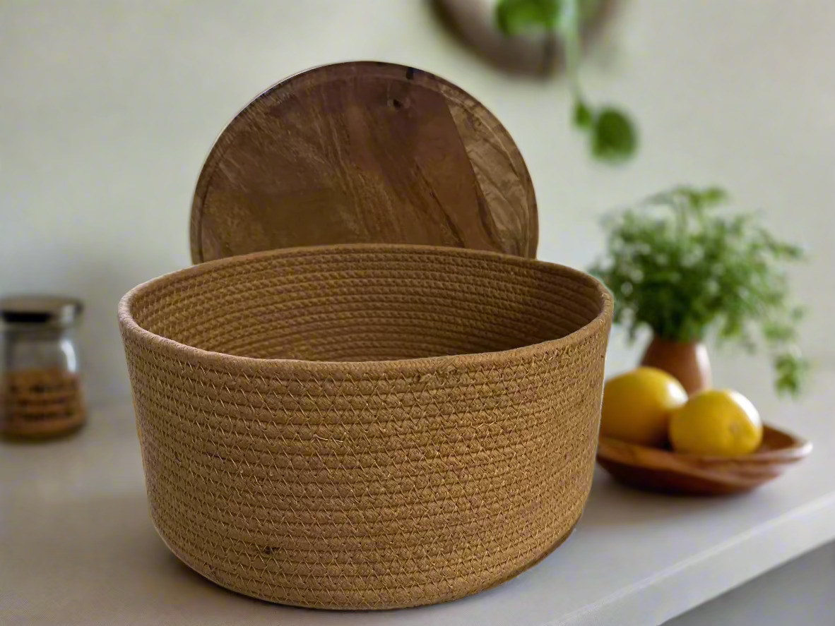 Zeina Jute Storage Basket With Wooden Lid thumbnail 2