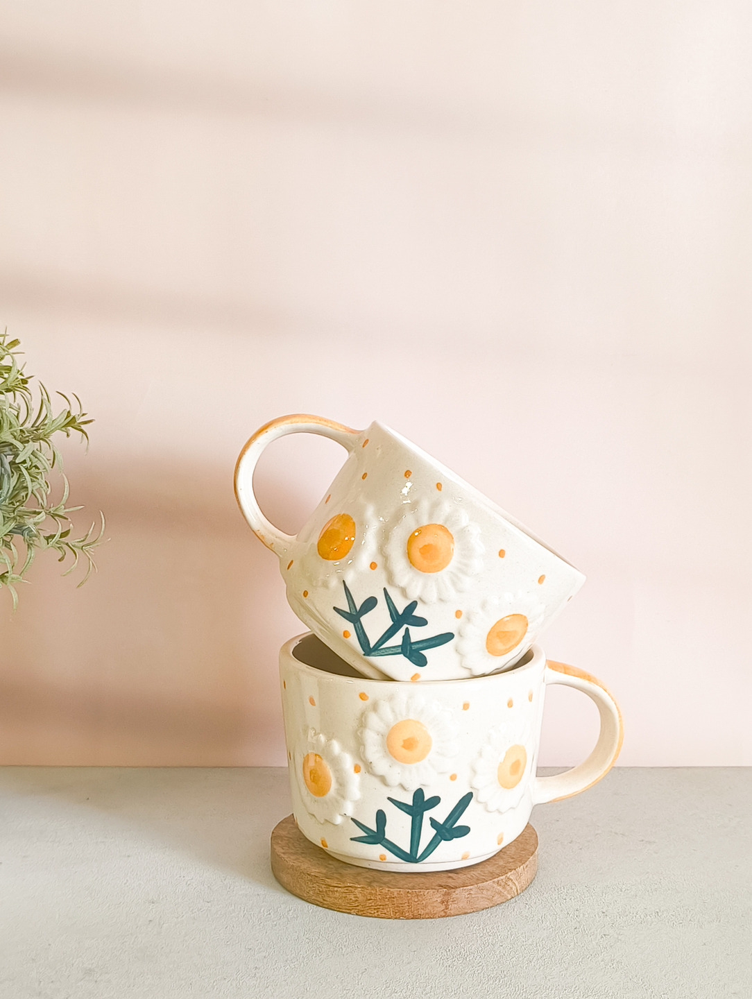 Whimsy Floral - 3D Floral Broad Mugs | Set of 2 | 300 ml | Handmade Ceramic Coffee Mug