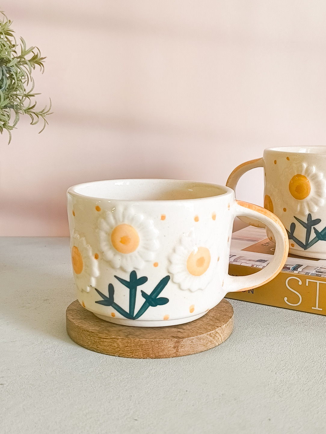 Whimsy Floral - 3D Floral Broad Mugs | Set of 2 | 300 ml | Handmade Ceramic Coffee Mug - alternate view