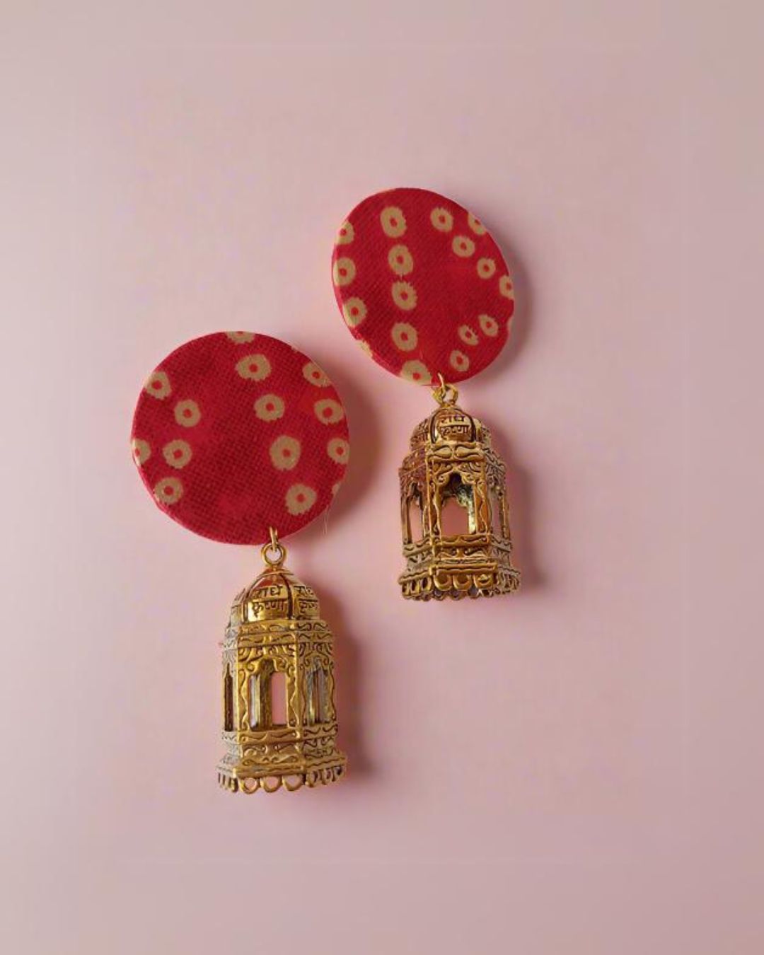 Red Bandhani Print Golden Jhumka Earrings