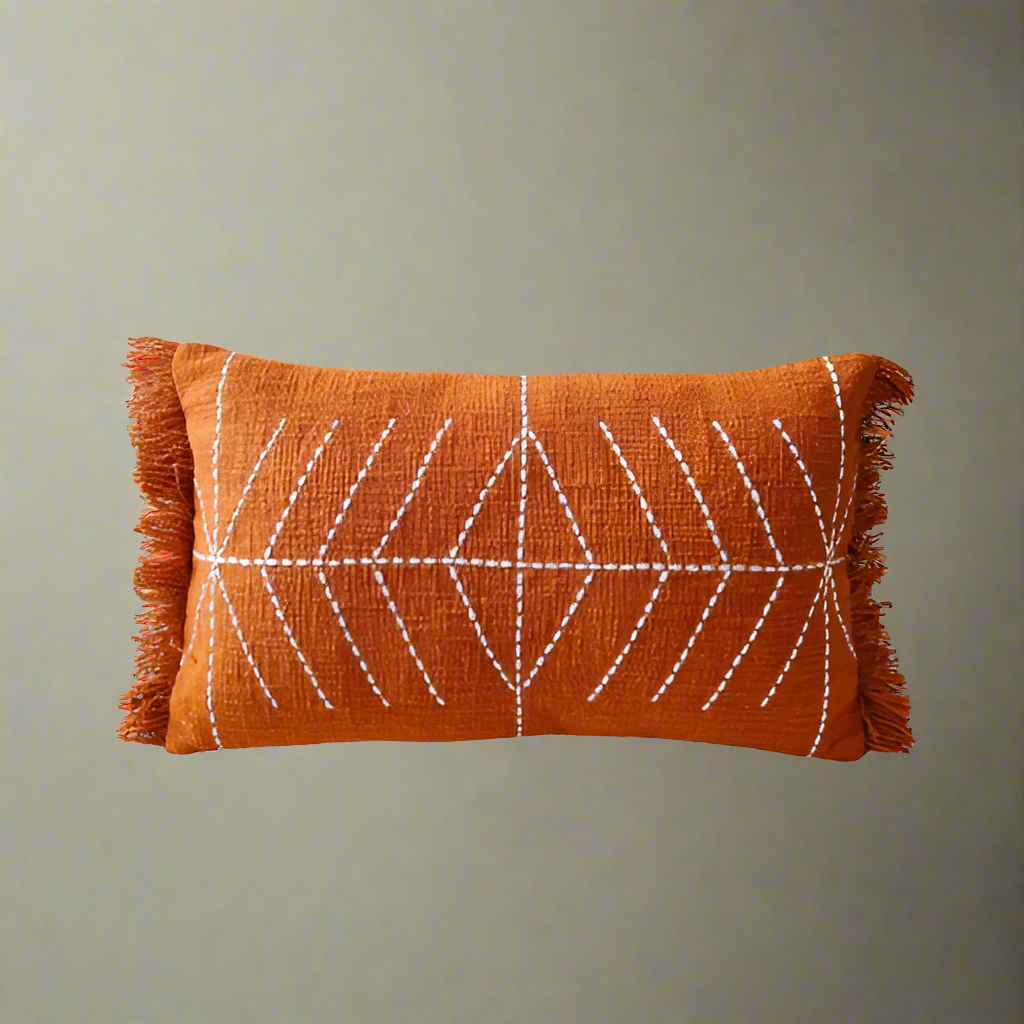Kantha Embroidered Terracotta Cushion Cover | 14x20 inches