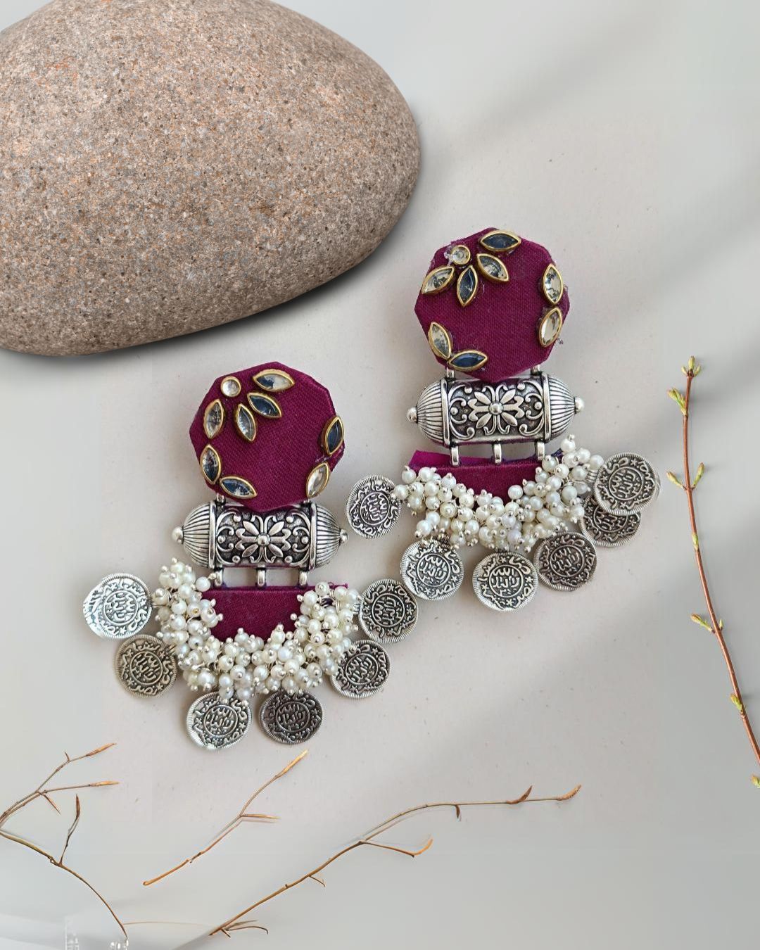 Wine Jhumka Earrings with Coins and Beadings