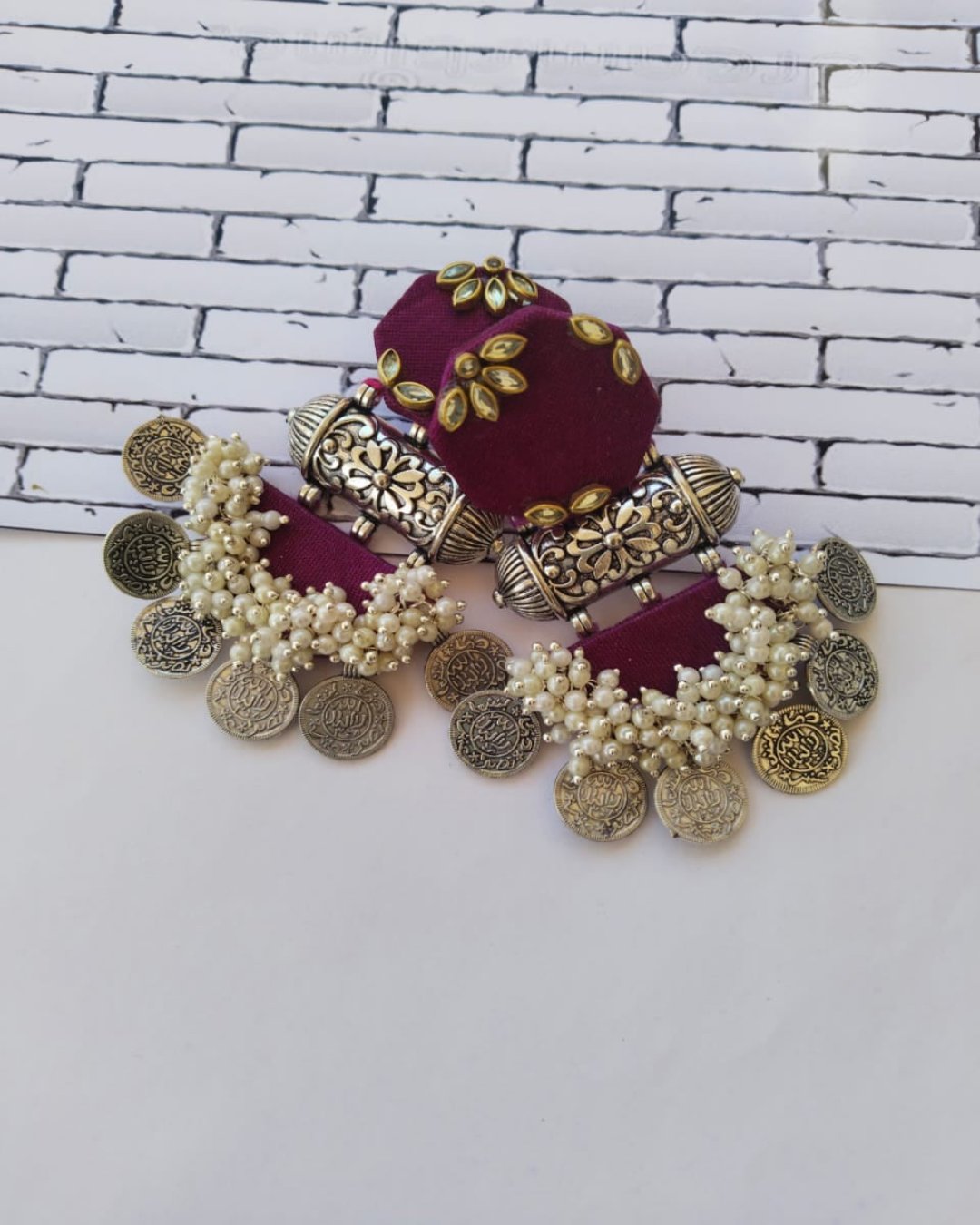 Wine Jhumka Earrings with Coins and Beadings - alternate view