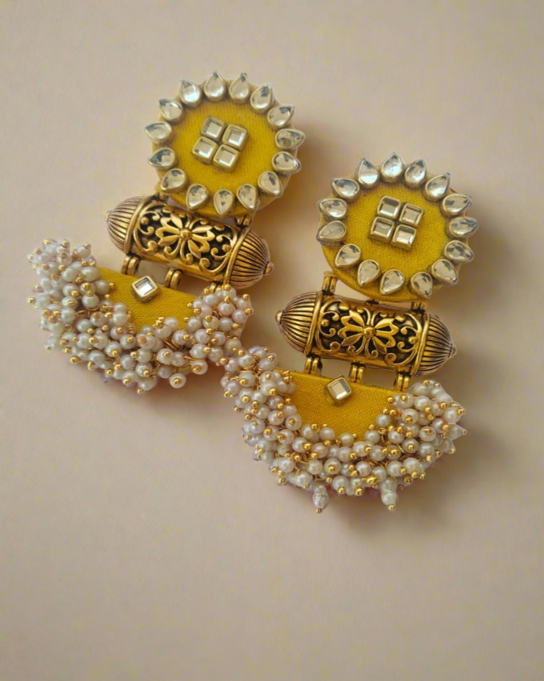 Yellow Kundan Beaded Jhumkas | Festive Jewellery