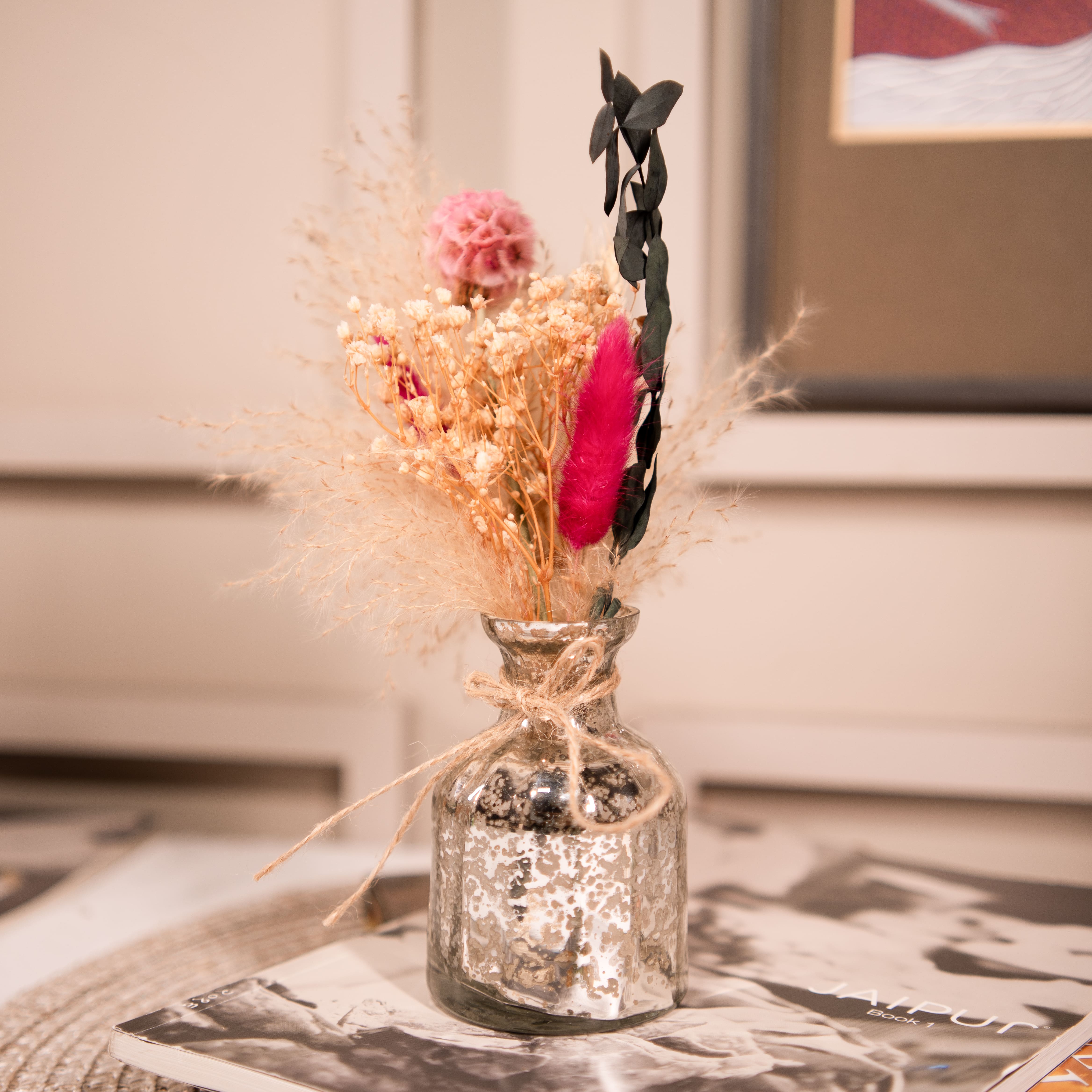 Silver Blossom Charm Vase with Dried Flowers Bunch Set | Indoor Flowers