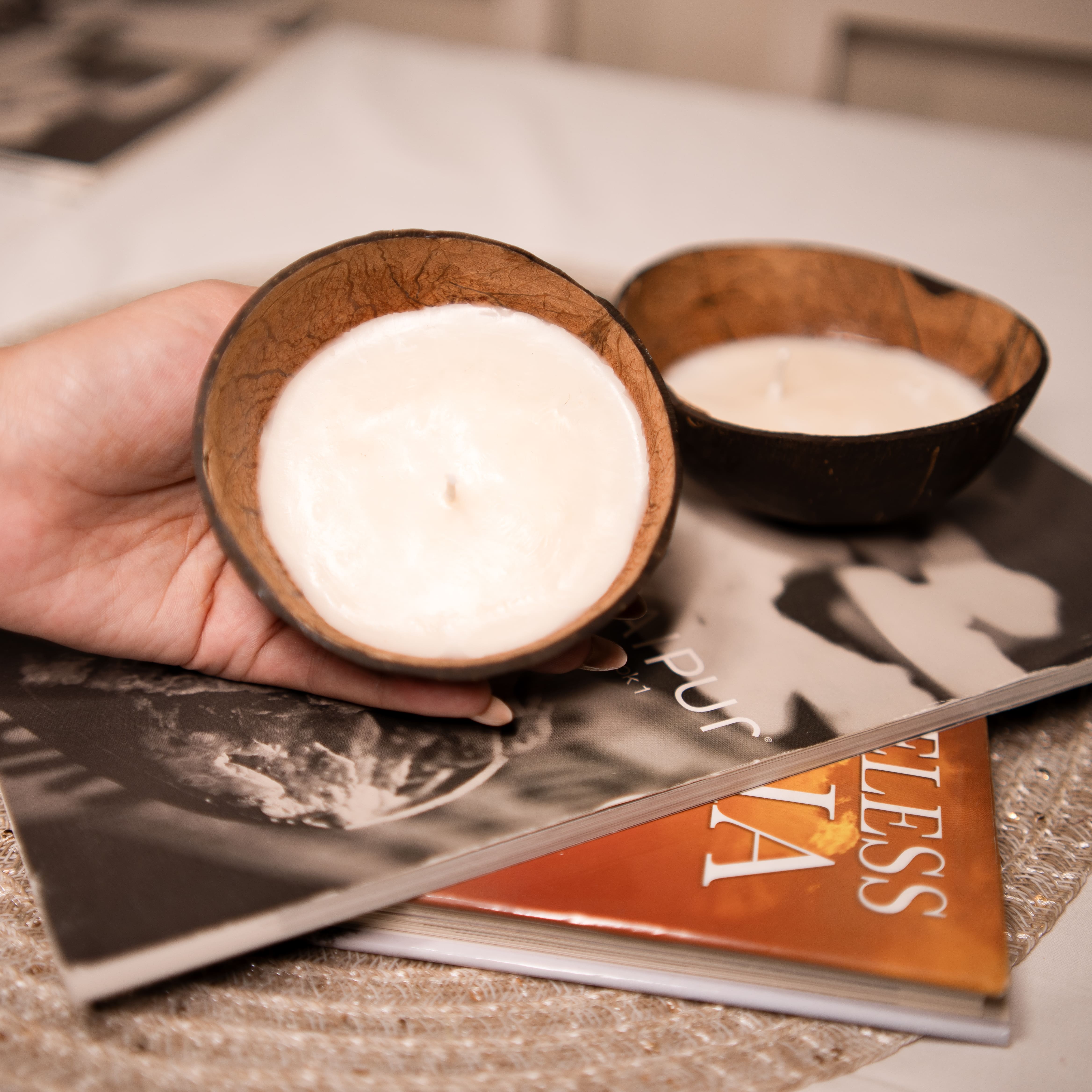 Scented Coconut Shell Candles- Set of 2 | Sandalwood Fragrance | Eco Friendly