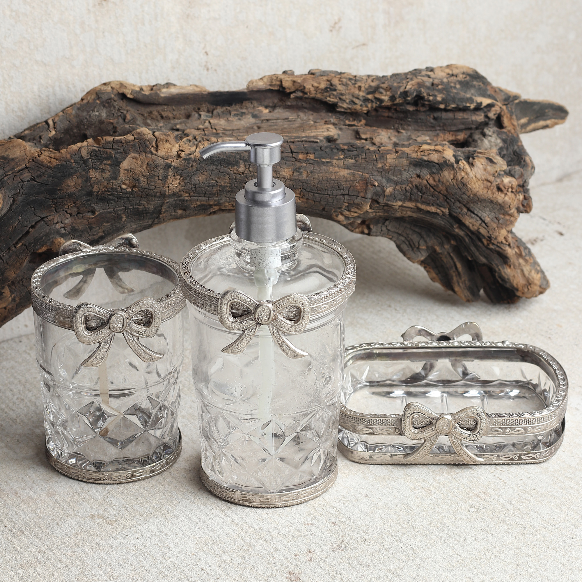 Antique Bow-Tied Glass Bathroom  Silver Set