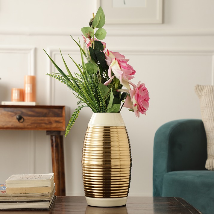 Regal Ivory and Gold Banded Enamel Vase