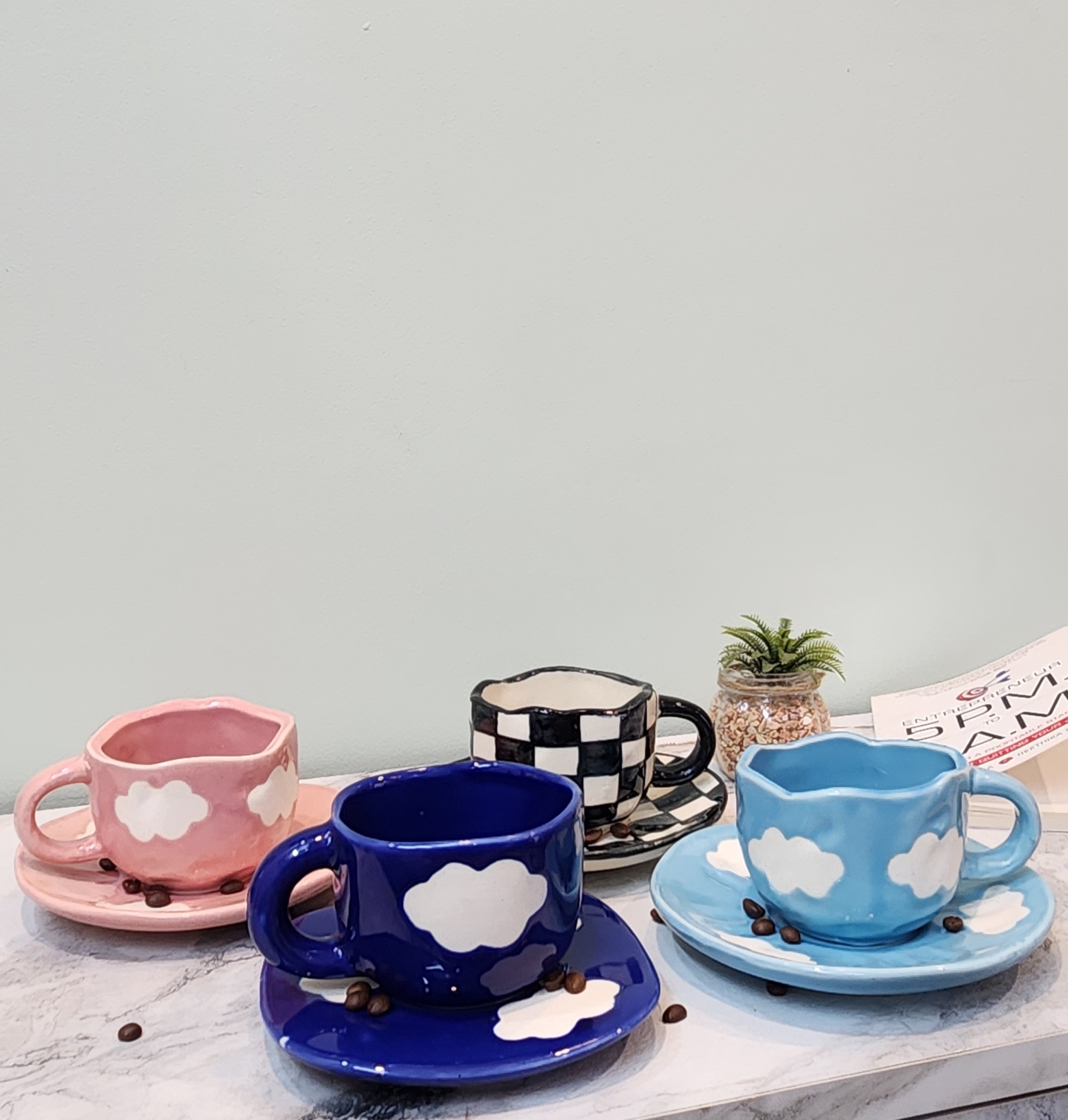 Ceramic Coffee & Tea Designer Mugs with Saucers- Set of 4 at cost of 3 | 275 ml thumbnail 1