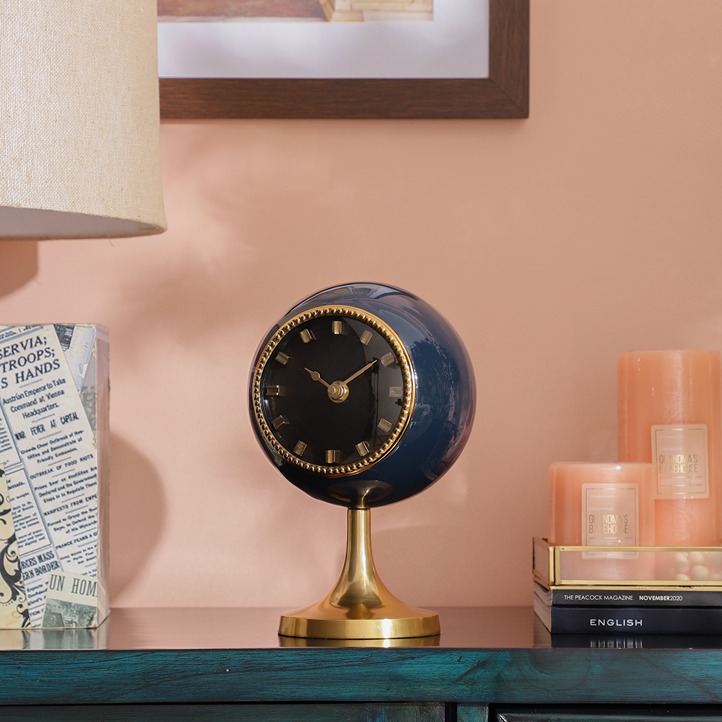 Circular Globe Clock with Teal Blue &  Gold finish thumbnail 1