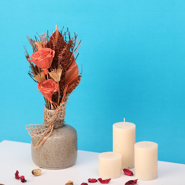 Lea Dried Sunset Orange Flowers & Small Vase