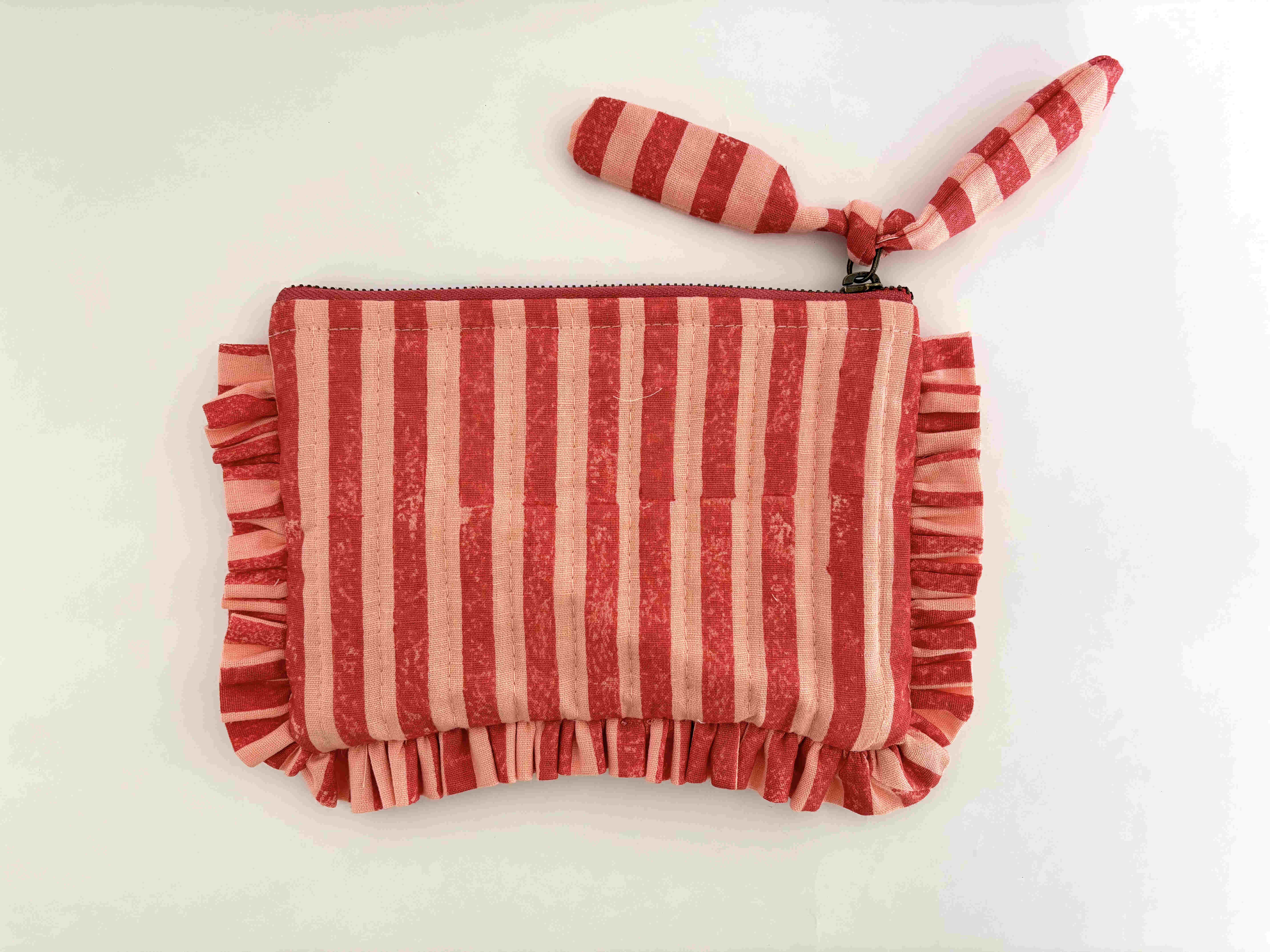 Sustainable Quilted Cotton Travel Pouch l Flat Frill Organizer l Pink & Red Stripes