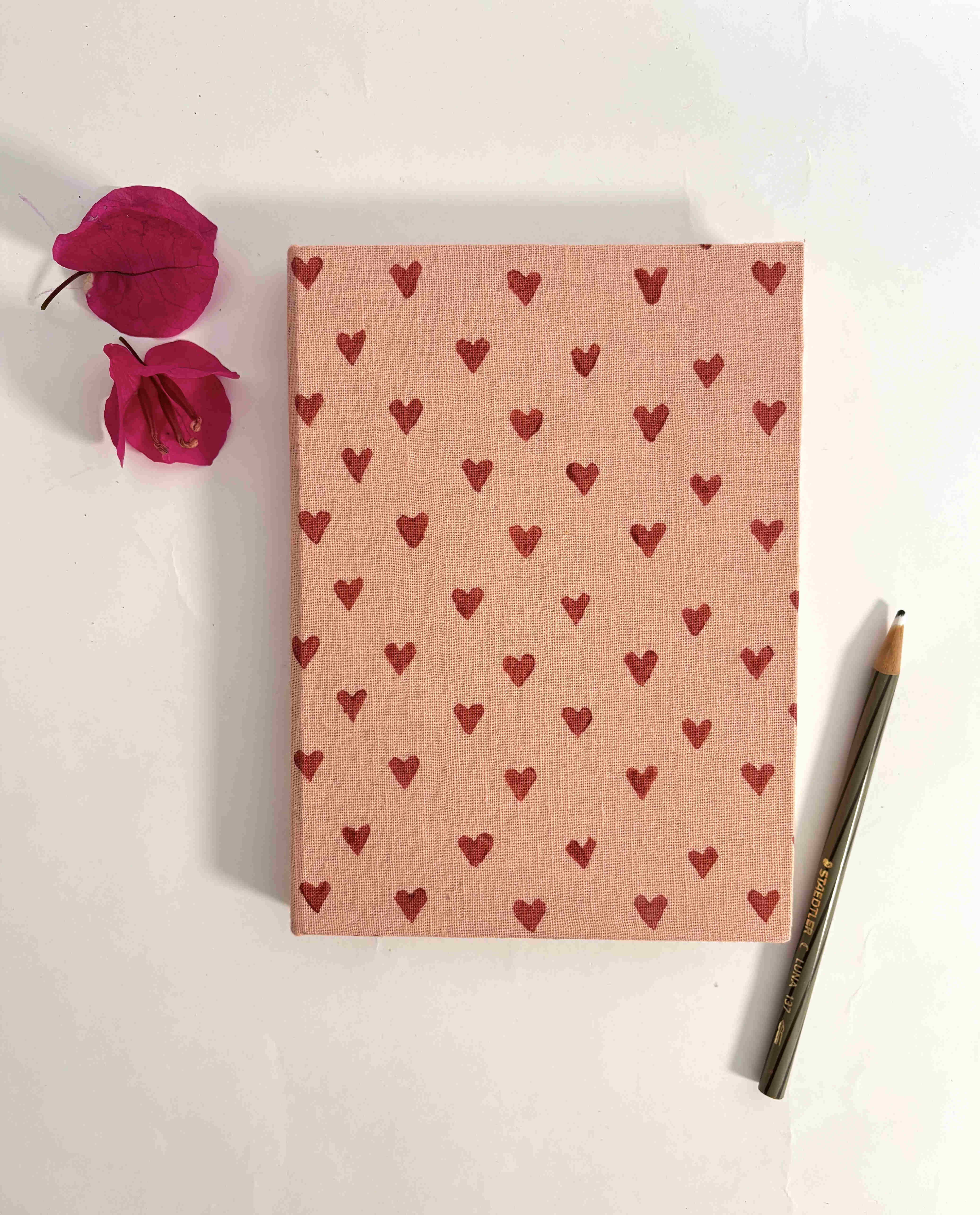 Handcrafted Sustainable A5 Diary Journal Notebook l Handmade Paper l Red Hearts on Pink