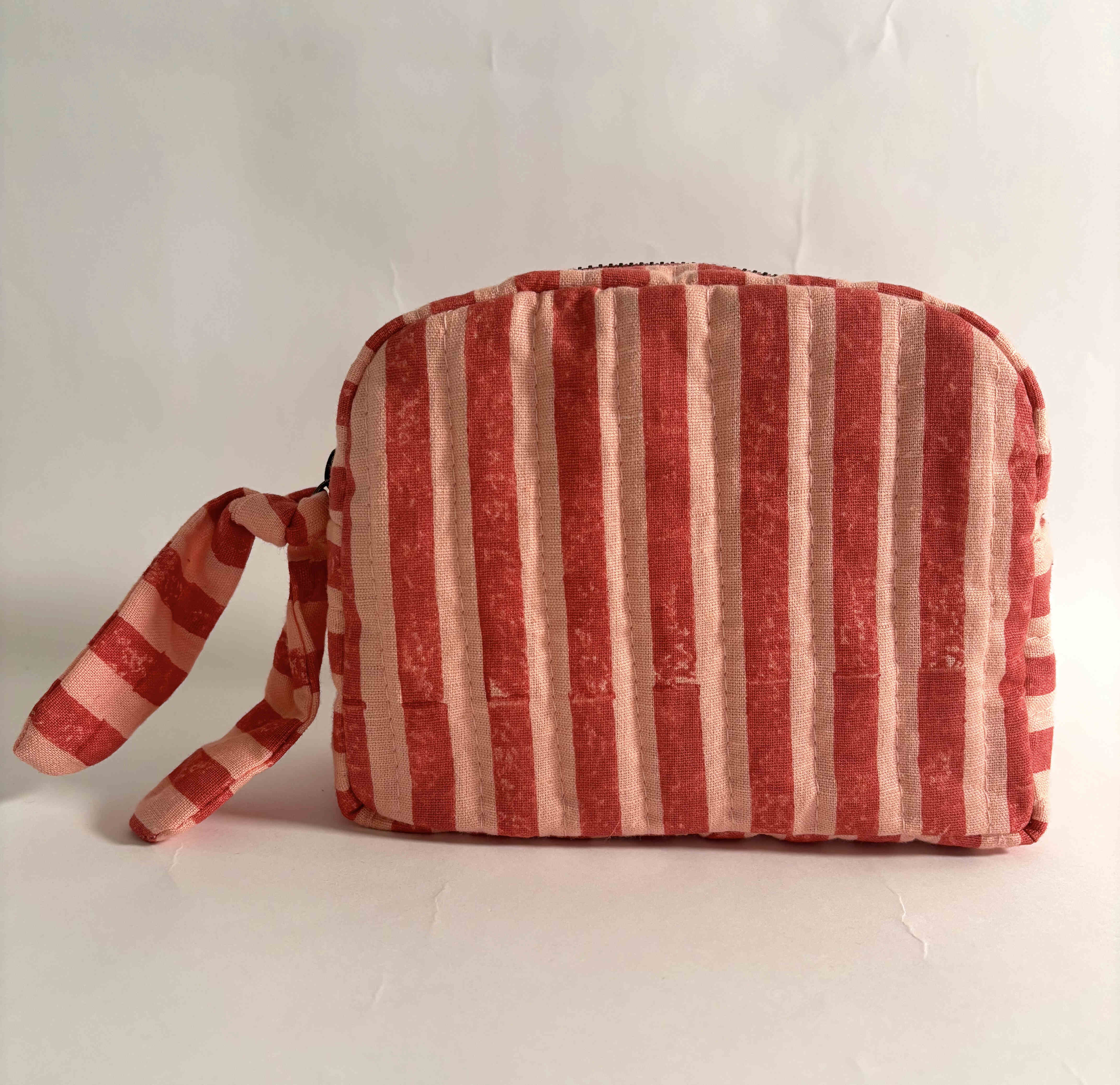 Sustainable Quilted Cotton Travel Pouch l The Classic Organizer l Pink & Red Stripes