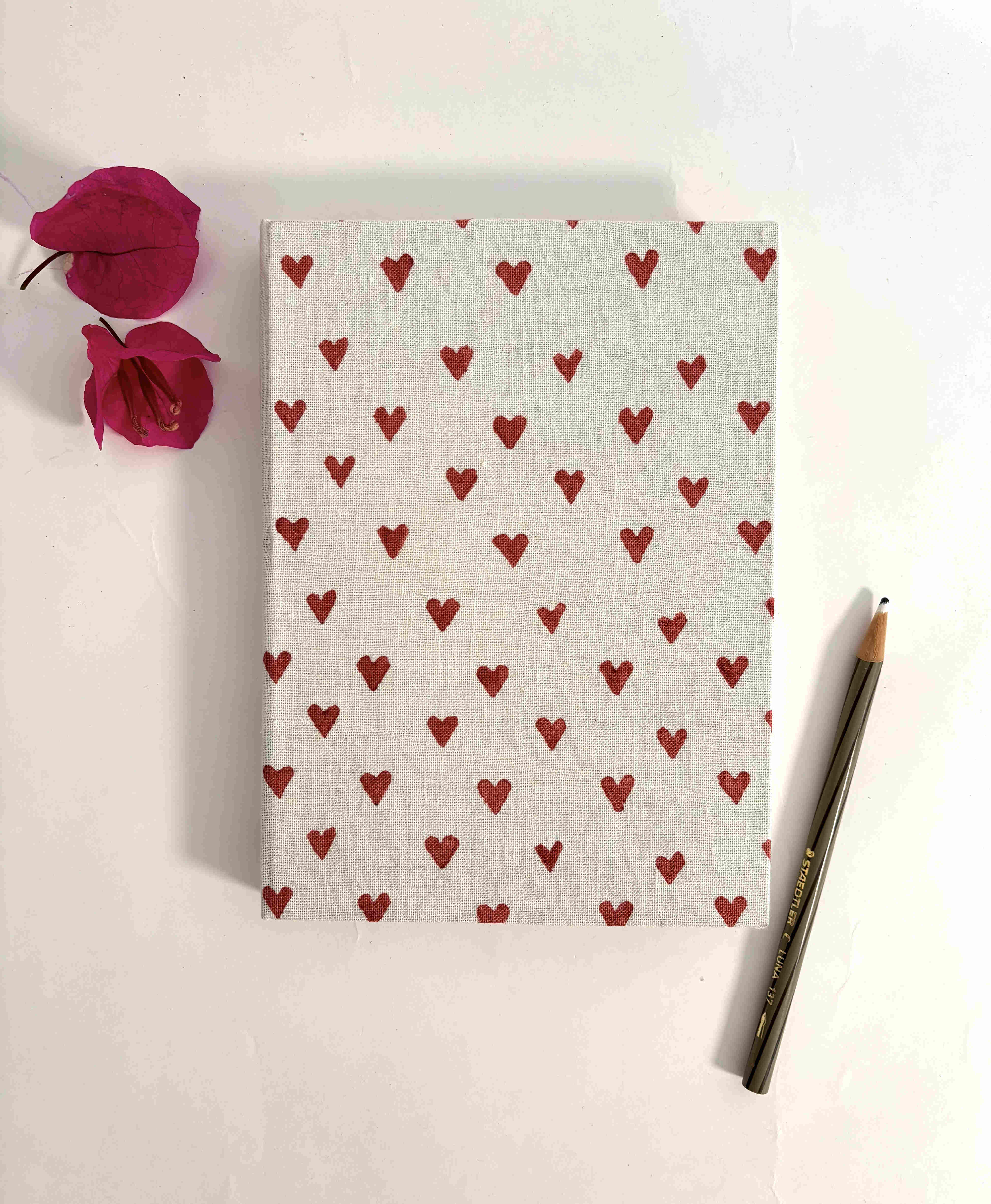 Handcrafted Sustainable A5 Diary Journal Notebook l Handmade Paper l Red Hearts on White
