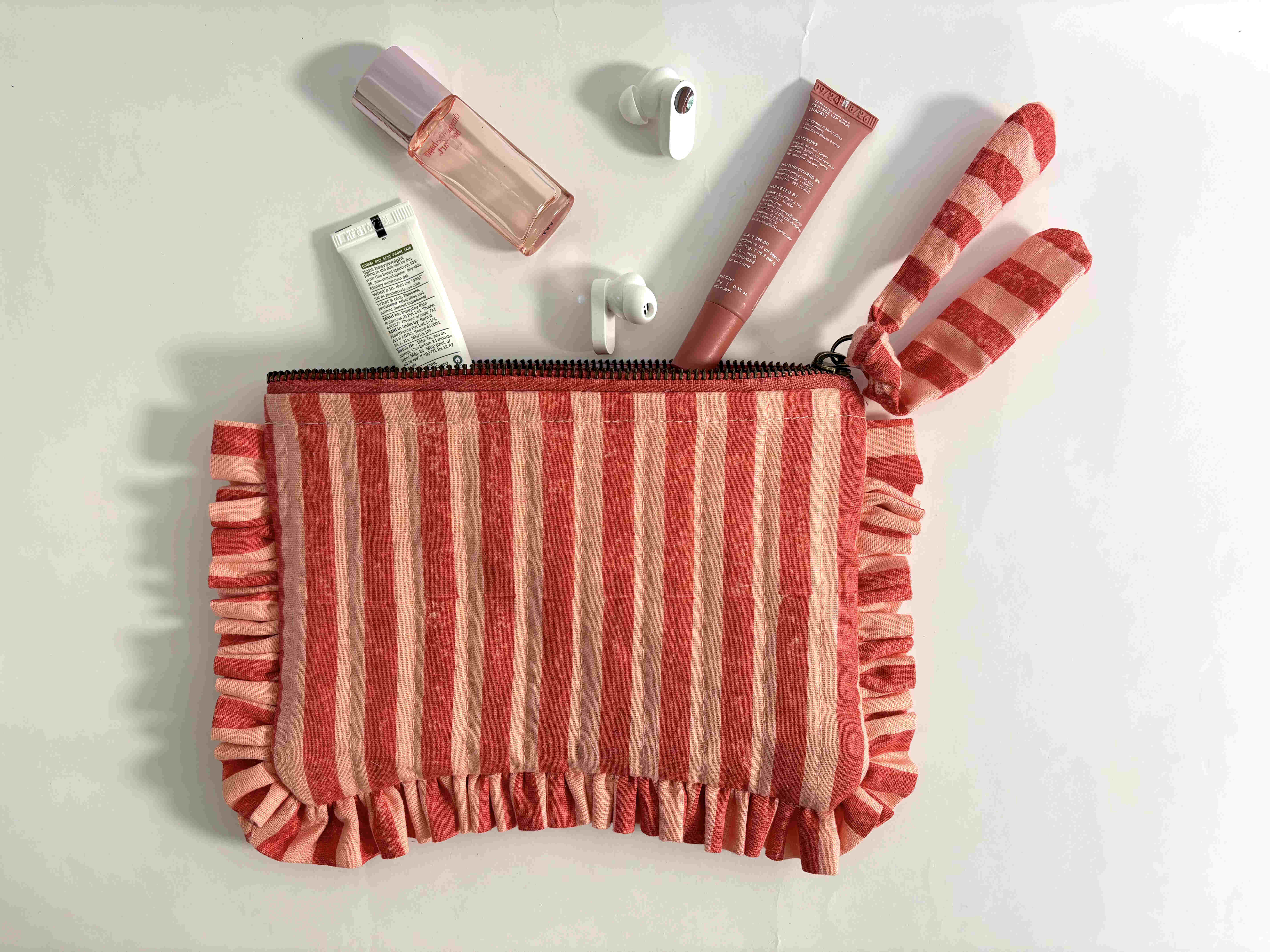 Sustainable Quilted Cotton Travel Pouch l Flat Frill Organizer l Pink & Red Stripes thumbnail 3