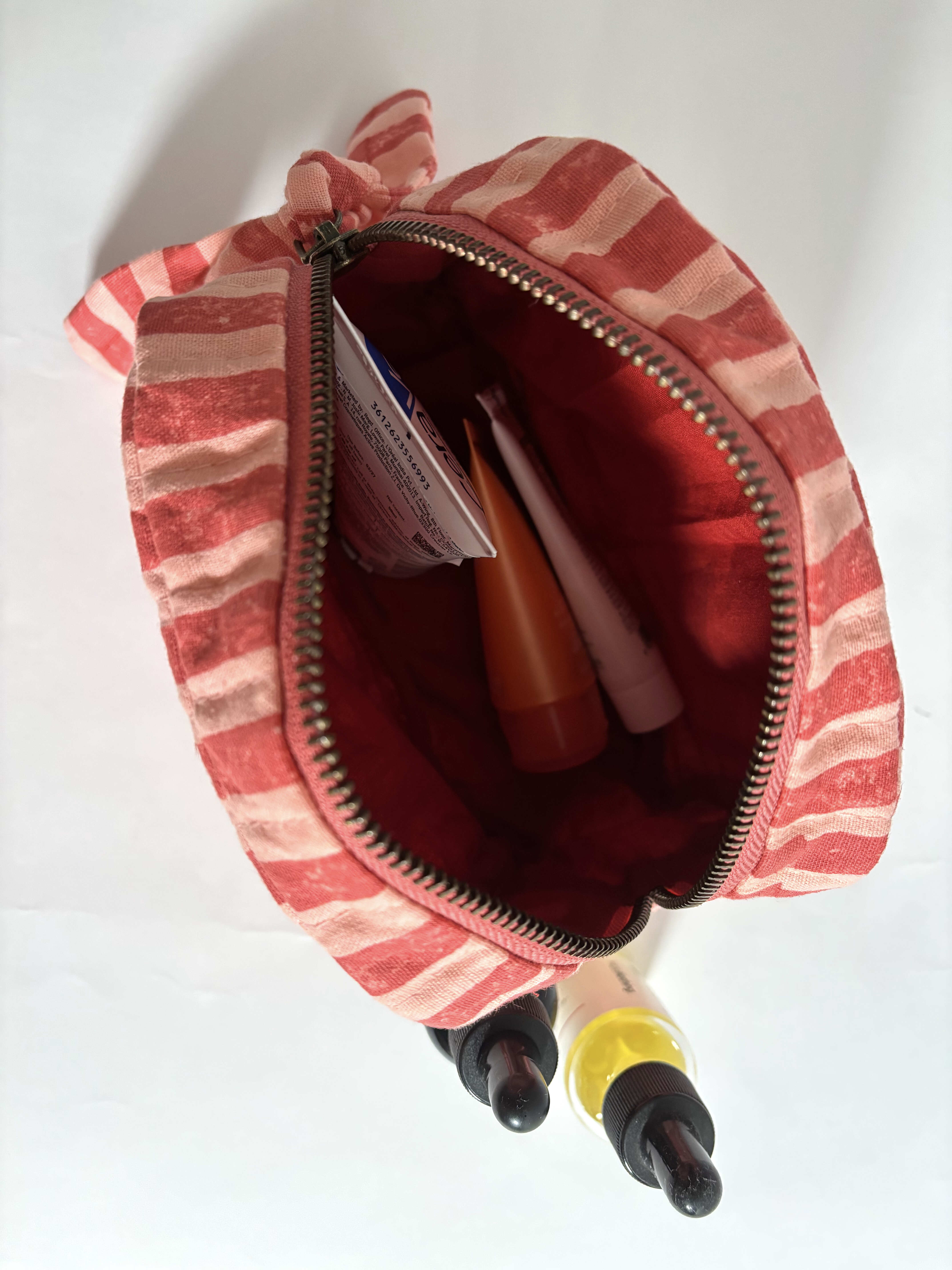 Sustainable Quilted Cotton Travel Pouch l The Classic Organizer l Pink & Red Stripes thumbnail 3