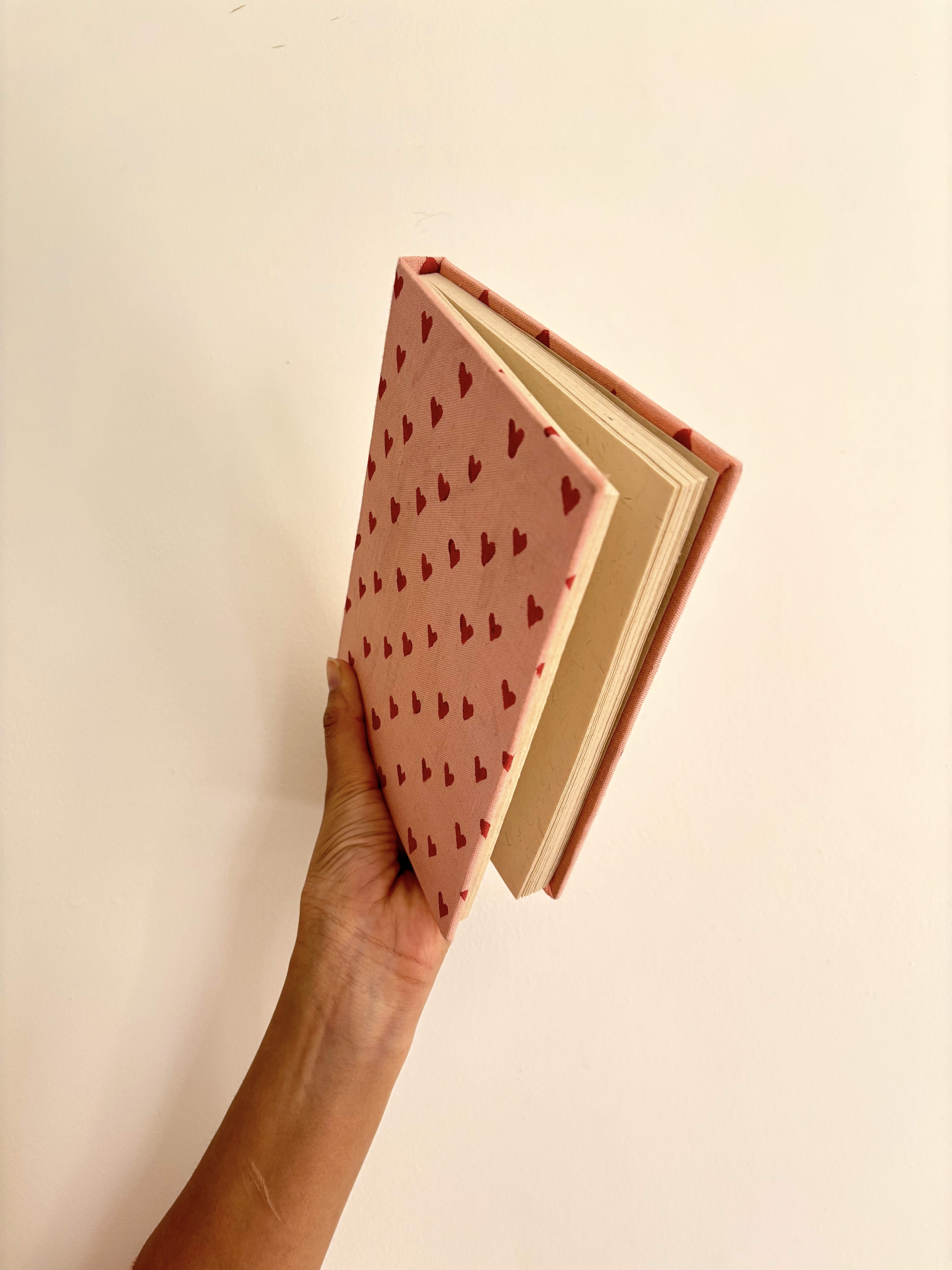 Handcrafted Sustainable A5 Diary Journal Notebook l Handmade Paper l Red Hearts on Pink thumbnail 3