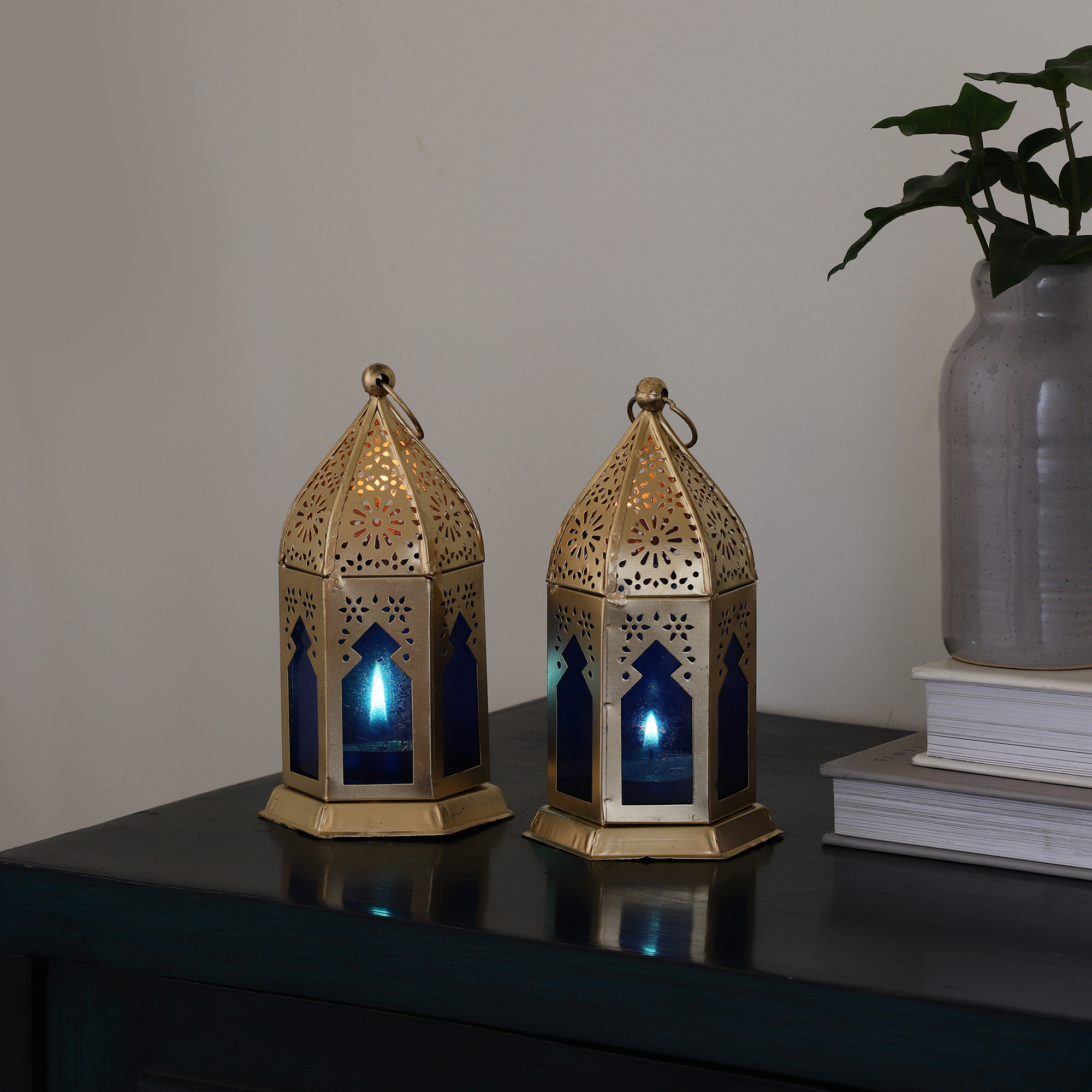 Set of 2 Morrocan Lantern - Blue/Gold thumbnail 1