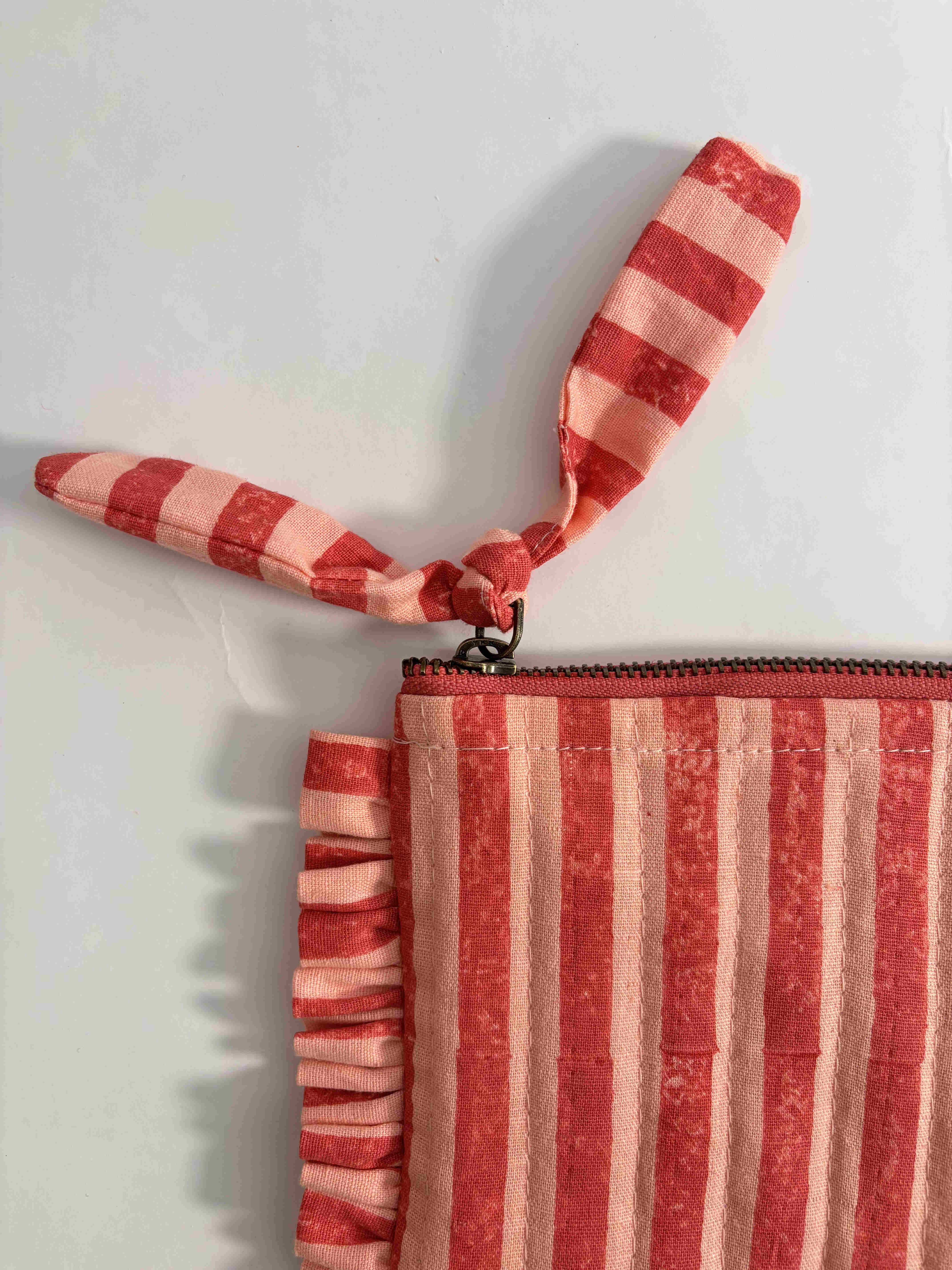 Sustainable Quilted Cotton Travel Pouch l Flat Frill Organizer l Pink & Red Stripes thumbnail 4