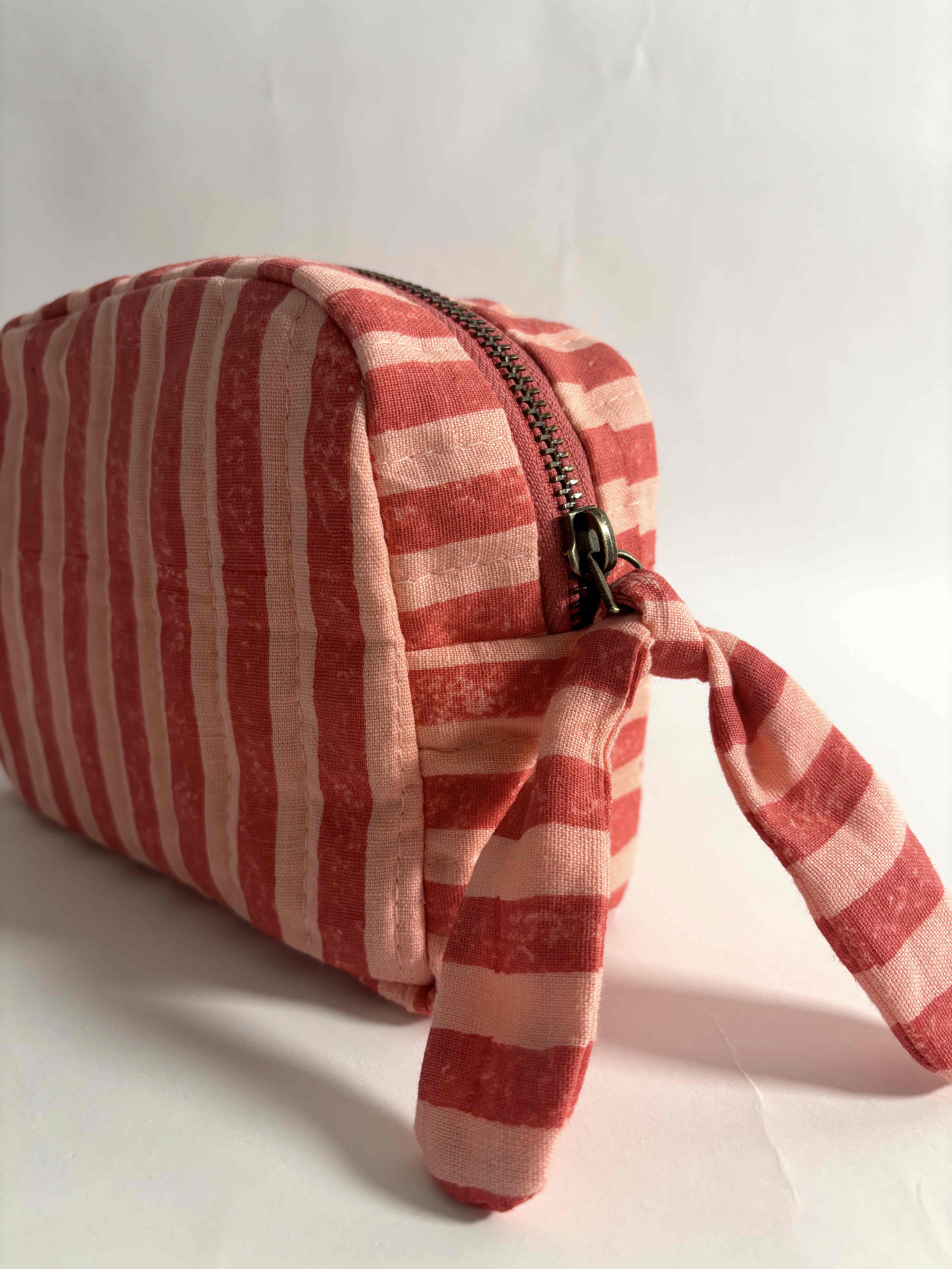 Sustainable Quilted Cotton Travel Pouch l The Classic Organizer l Pink & Red Stripes thumbnail 5