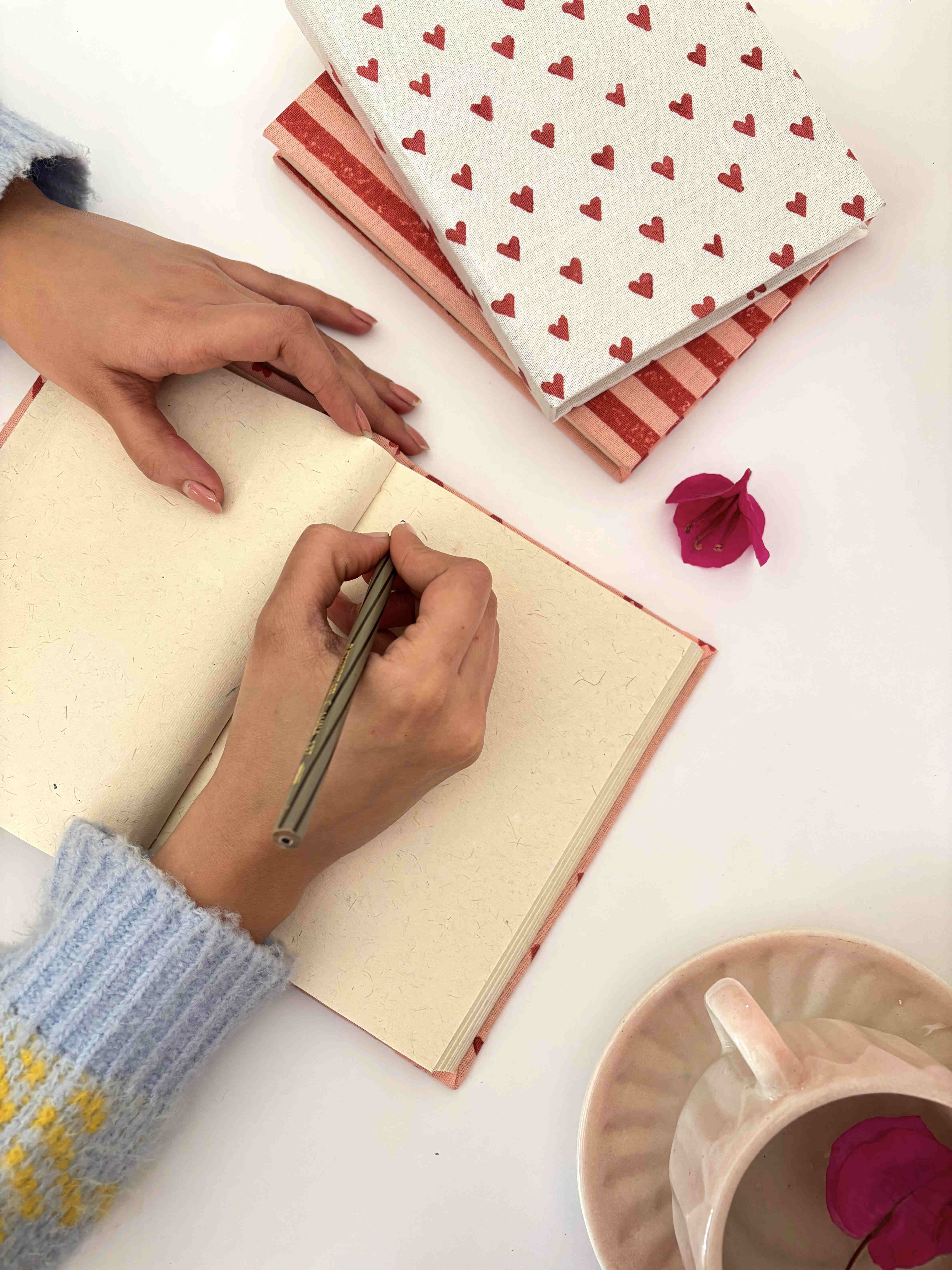 Handcrafted Sustainable A5 Diary Journal Notebook l Handmade Paper l Red Hearts on Pink thumbnail 5