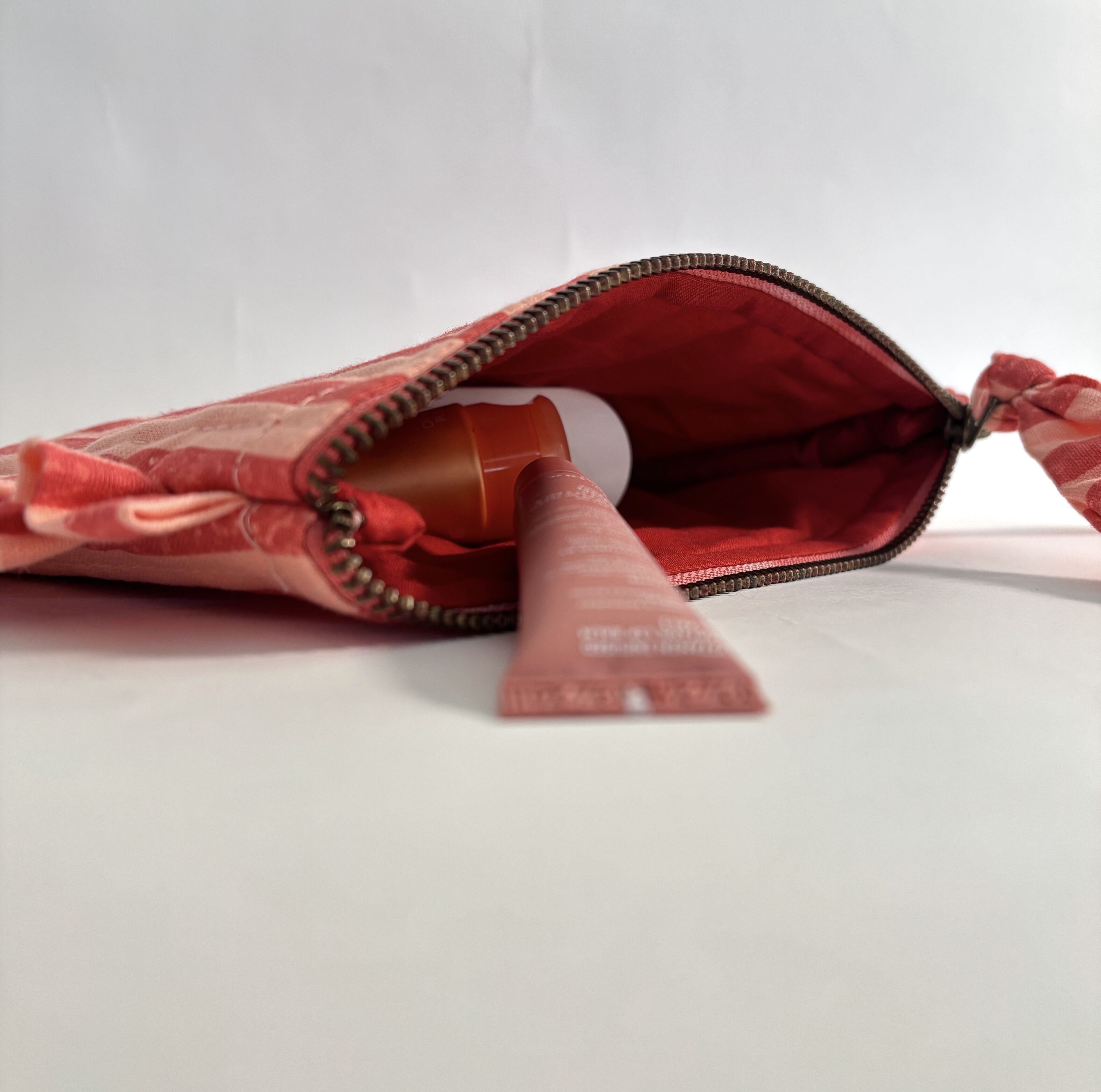 Sustainable Quilted Cotton Travel Pouch l Flat Frill Organizer l Pink & Red Stripes thumbnail 5