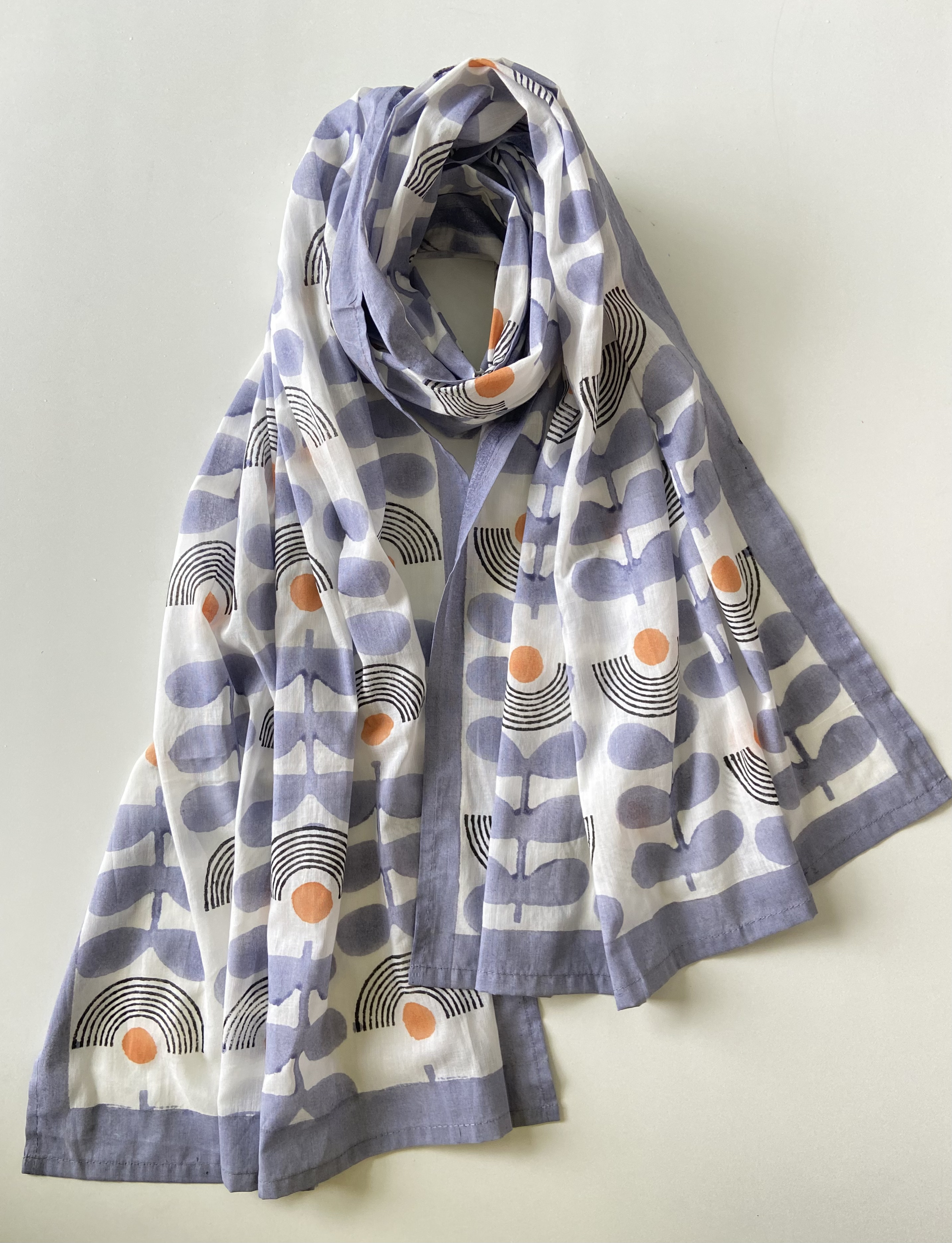 Mid-modern Blue and White Floral Cotton Scarf l Stole