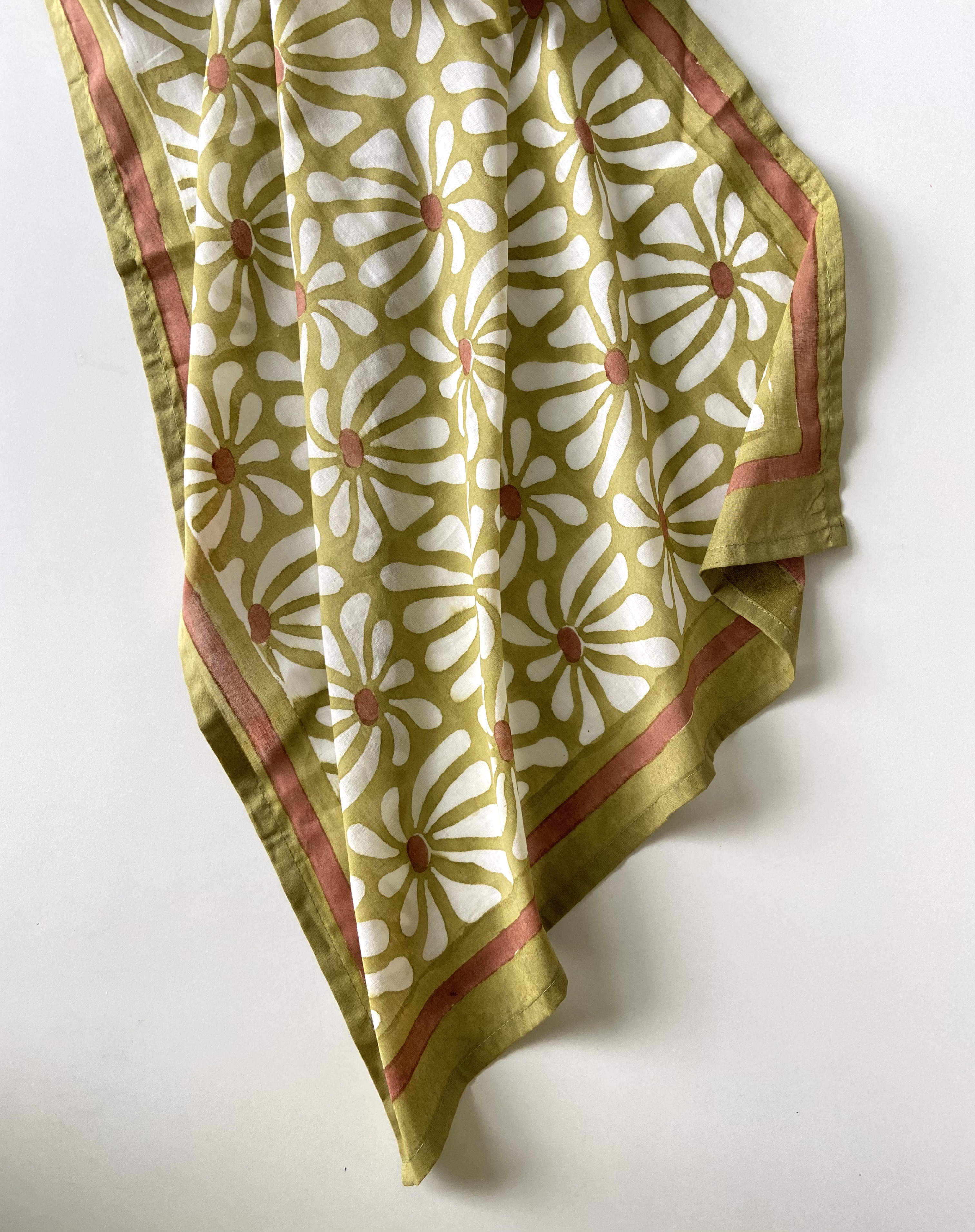 Geometric Flowers Green and White Cotton Scarf Stole - alternate view