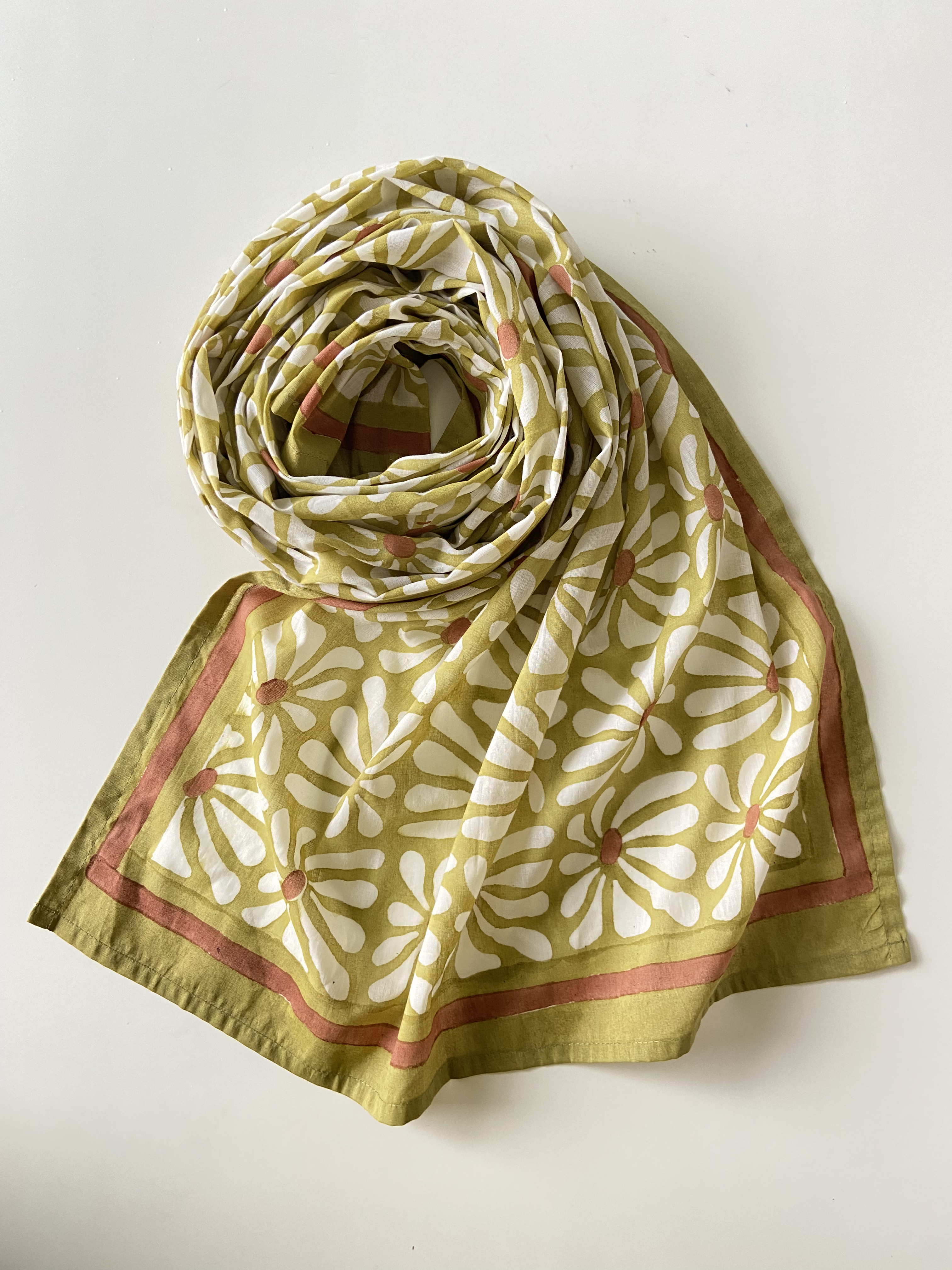 Geometric Flowers Green and White Cotton Scarf Stole