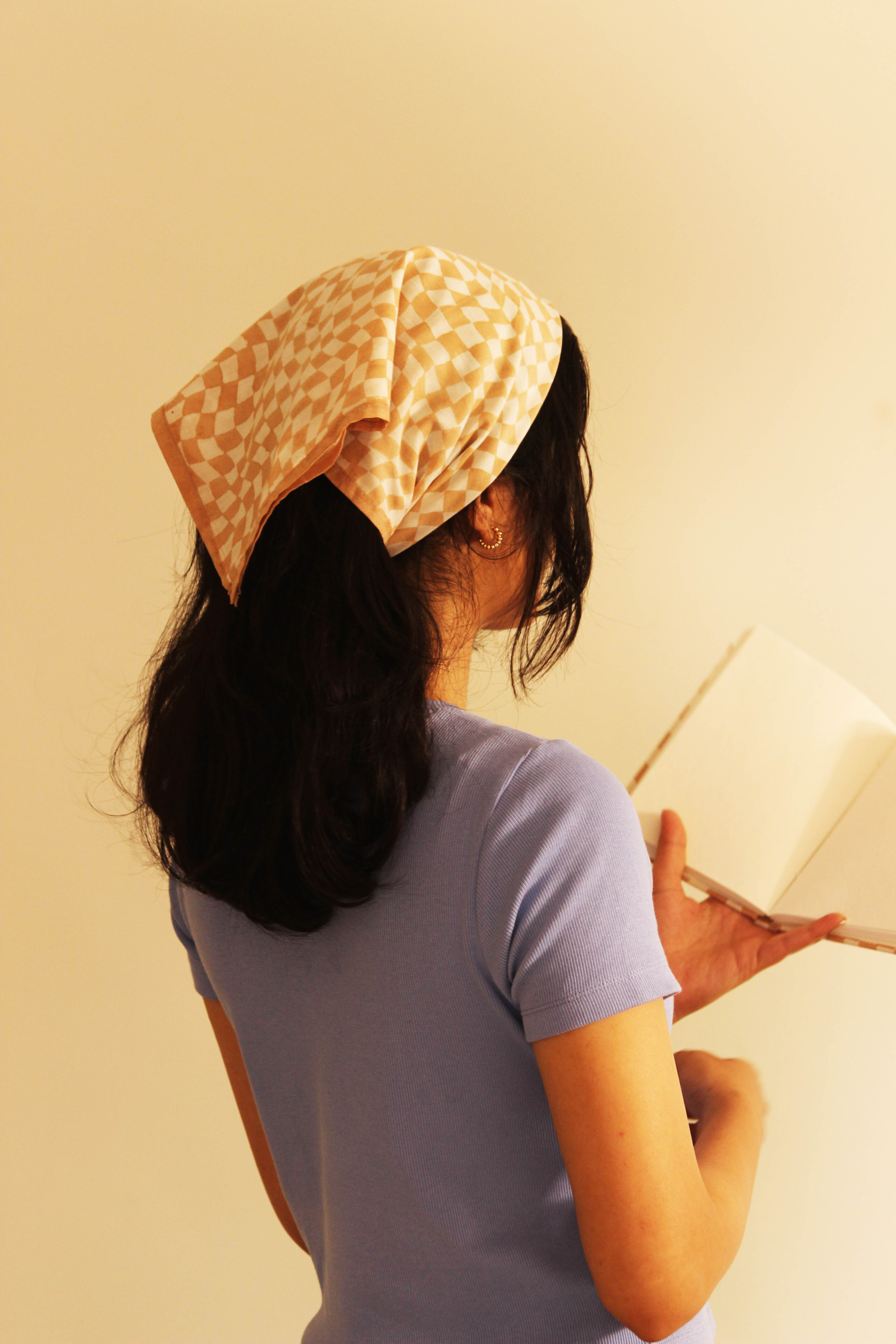 Mid-modern White and Peach Cotton Square Scarf
