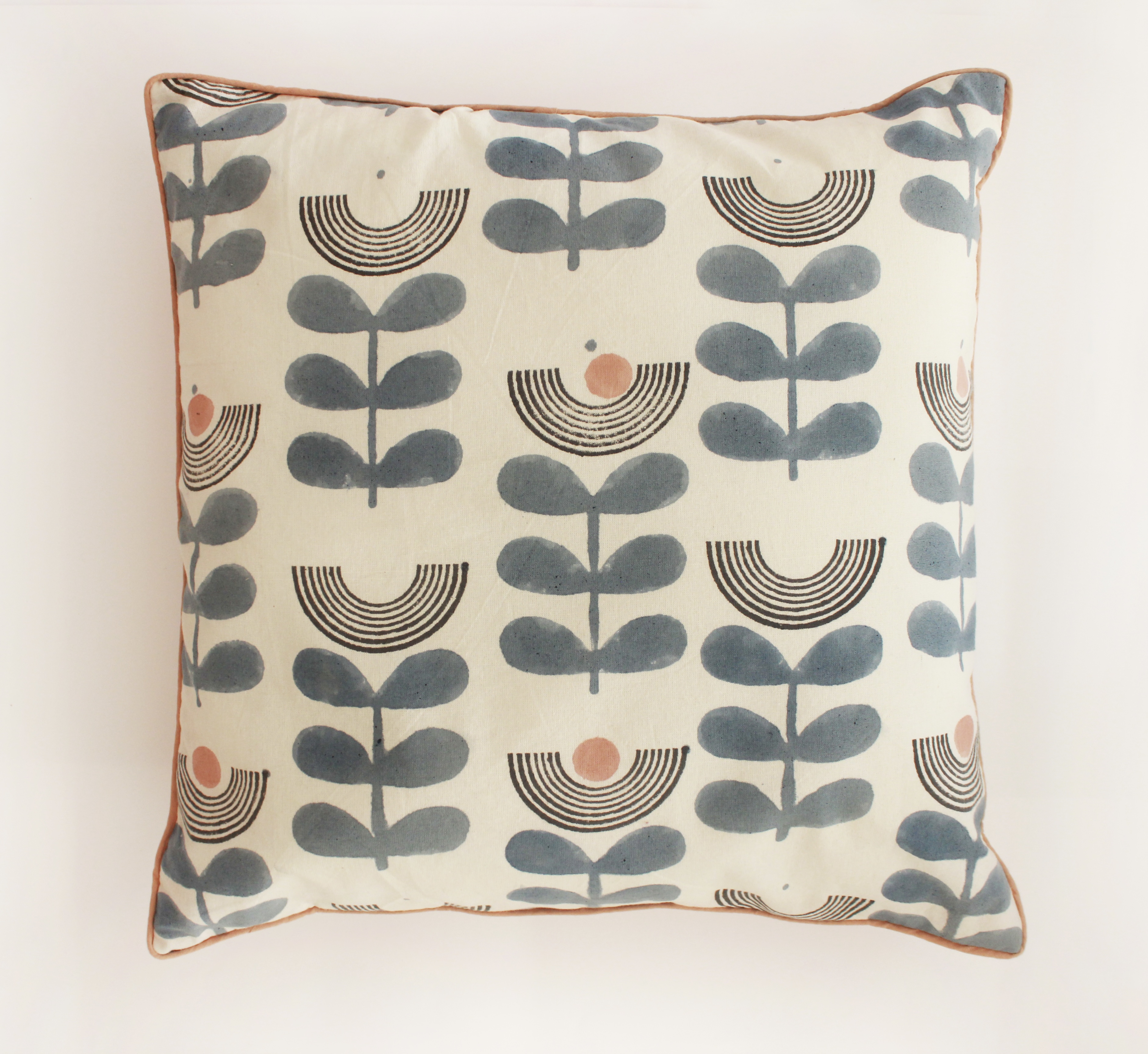 Mid-modern Floral Block Printed Cotton Cushion Cover
